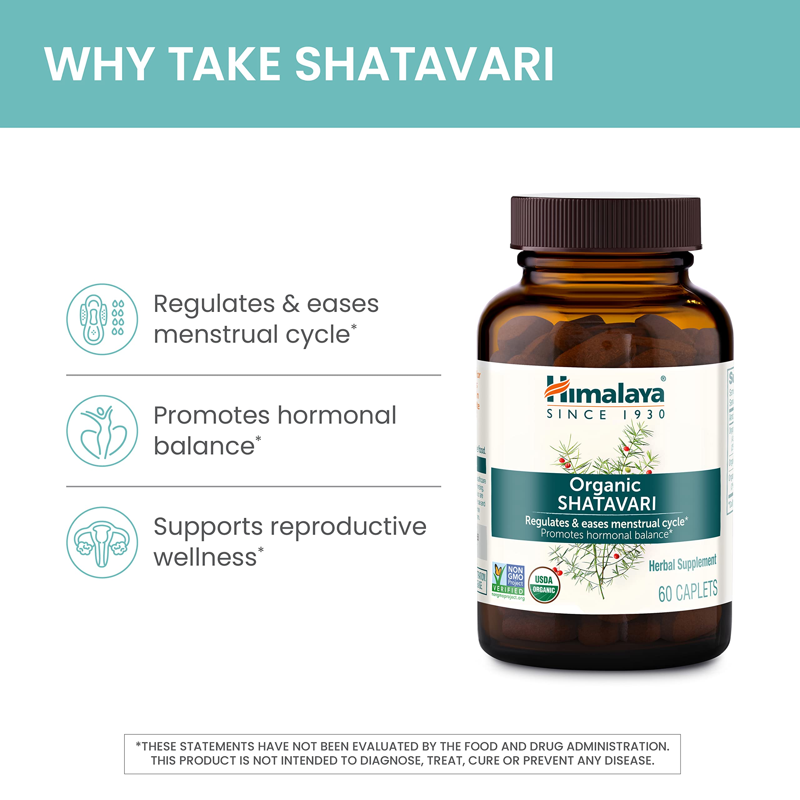 Himalaya Organic Shatavari for PMS, Menstrual Cramp Relief, Menopause Support, and Womens Health, 1,300 mg, 60 Caplets, 1 Month