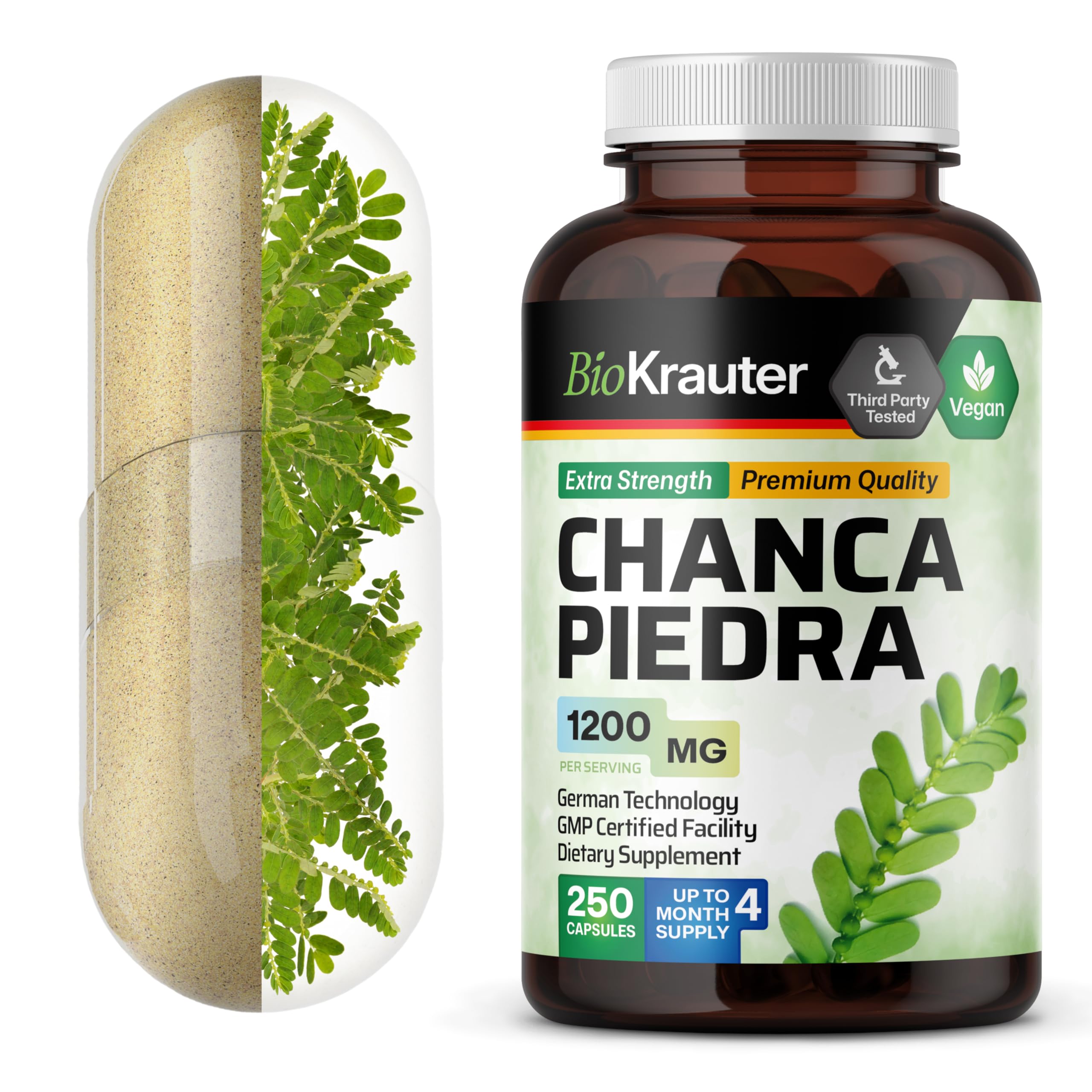 BIO KRAUTER Chanca Piedra Stone Breaker Capsules - 1200 mg Stonebreaker for Kidney Cleanse - 250 Chanca Piedra para Los Riones C