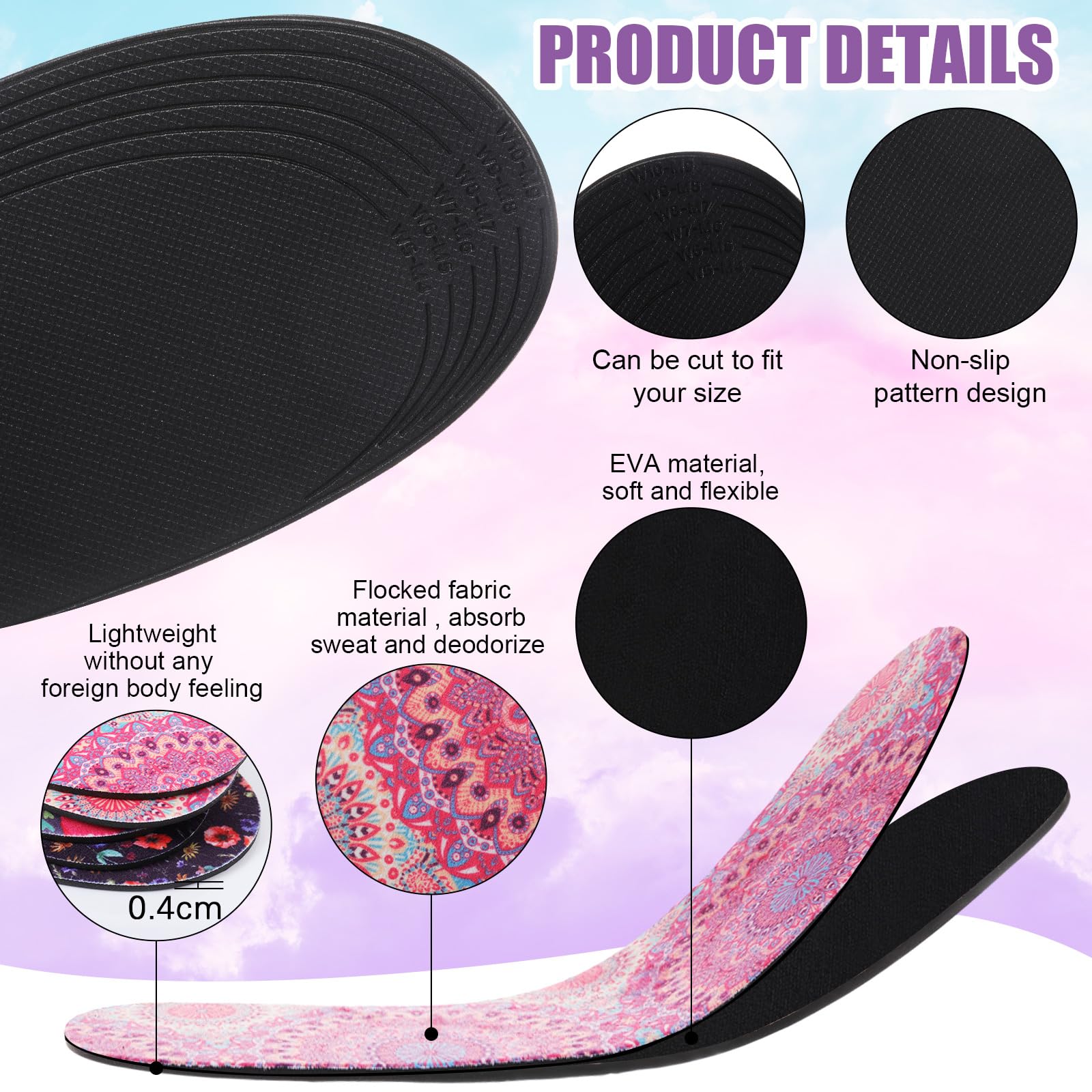 Velmitten 3 Pairs No Show Socks Sockless Shoe Liner Washable Barefoot Shoe Insoles No Slipping Inserts(Delicate Style)
