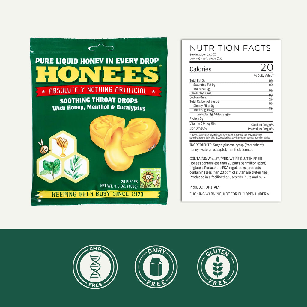 Honees Honey Filled Drops, Variety Pack (Honey and Honey Lemon)-Natural Sore Throat Relief - Throat Lozenges, Nothing Artificial