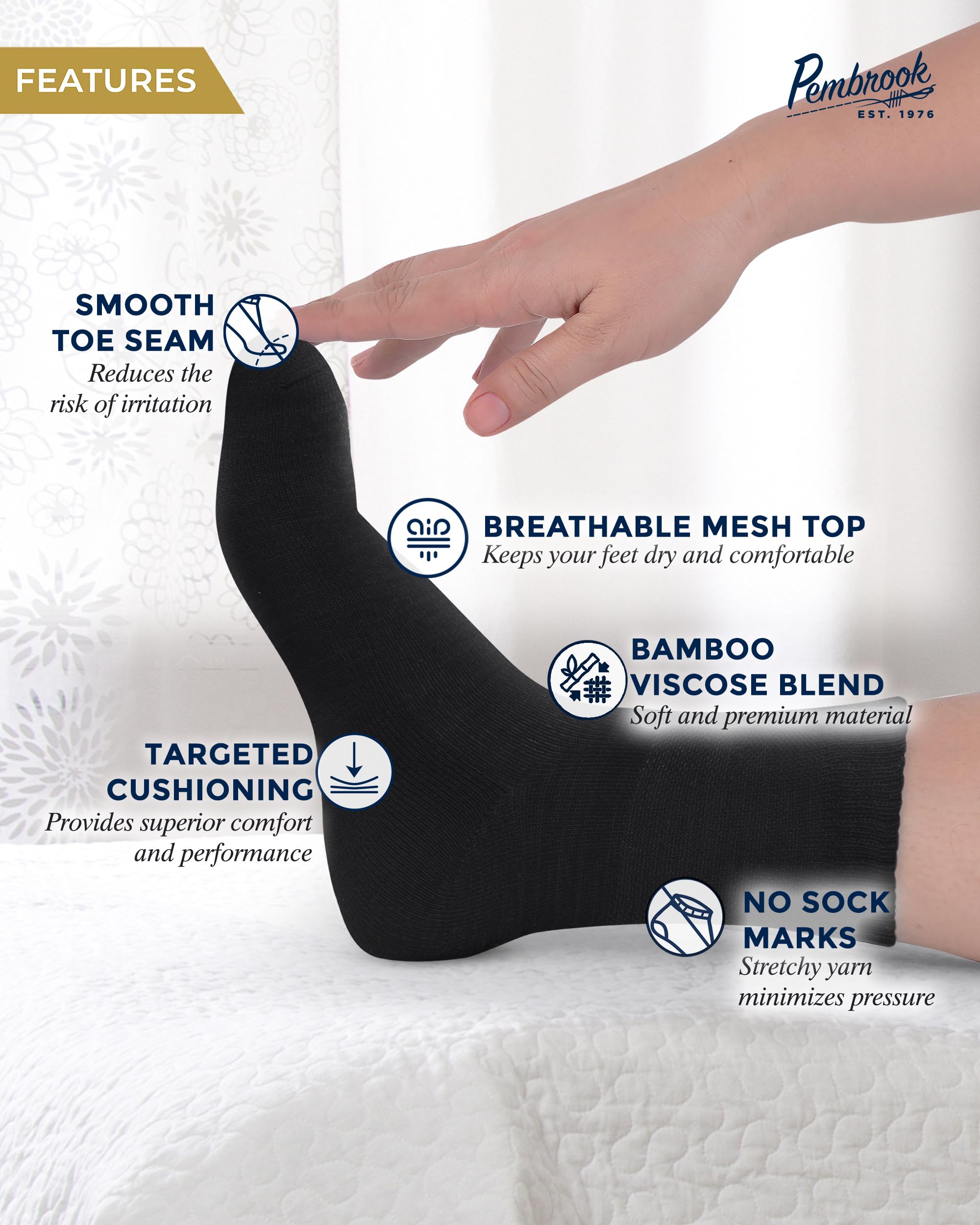 Pembrook Bamboo Viscose Diabetic Socks for Women & Men - 6 Pairs Ankle Socks for Swollen Feet | Neuropathy Socks | Ankle Neuropa