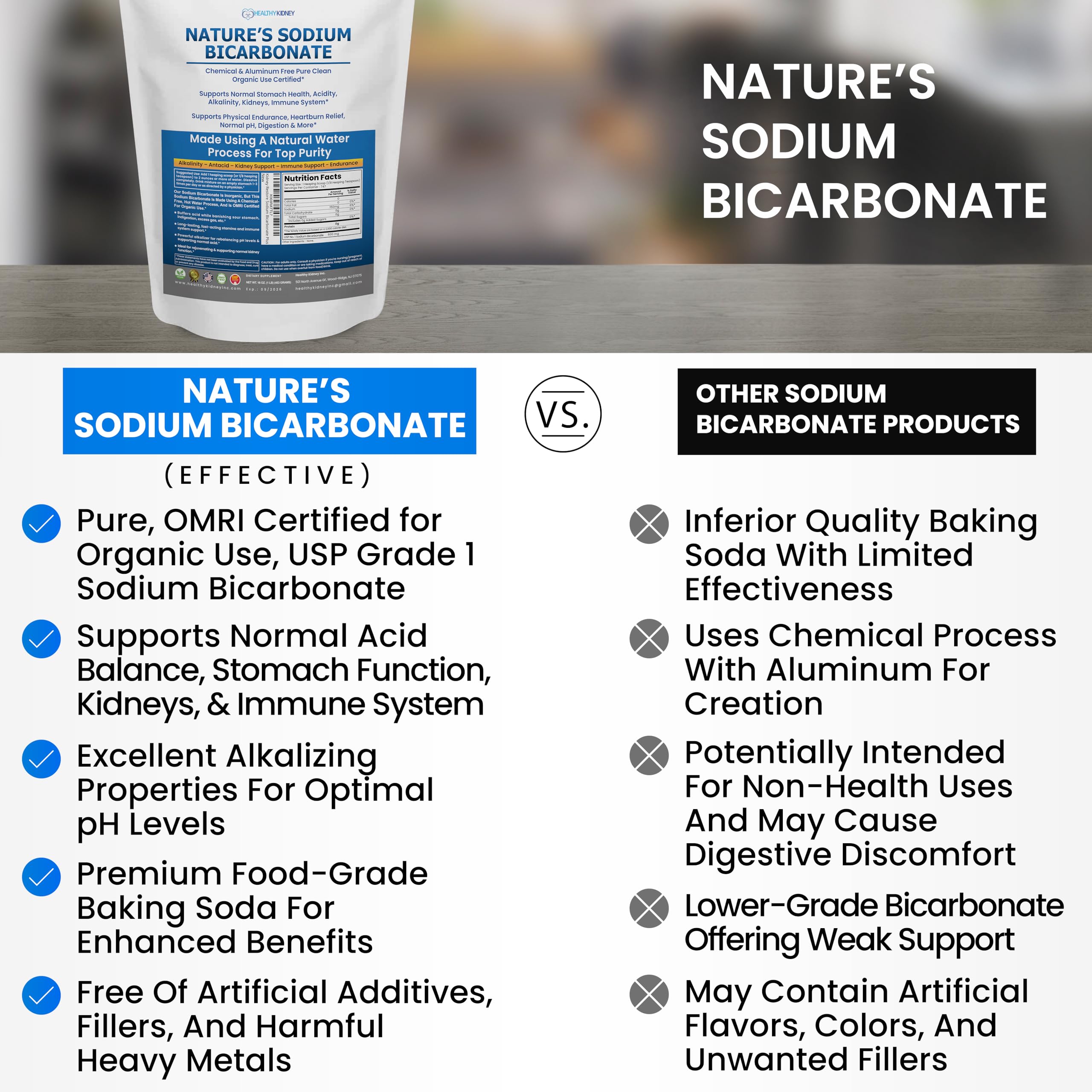 Natures Sodium Bicarbonate Organic Use Aluminum Free Baking Soda. No Chemical Pure Baking Soda Powder for Health & Wellness. Sod