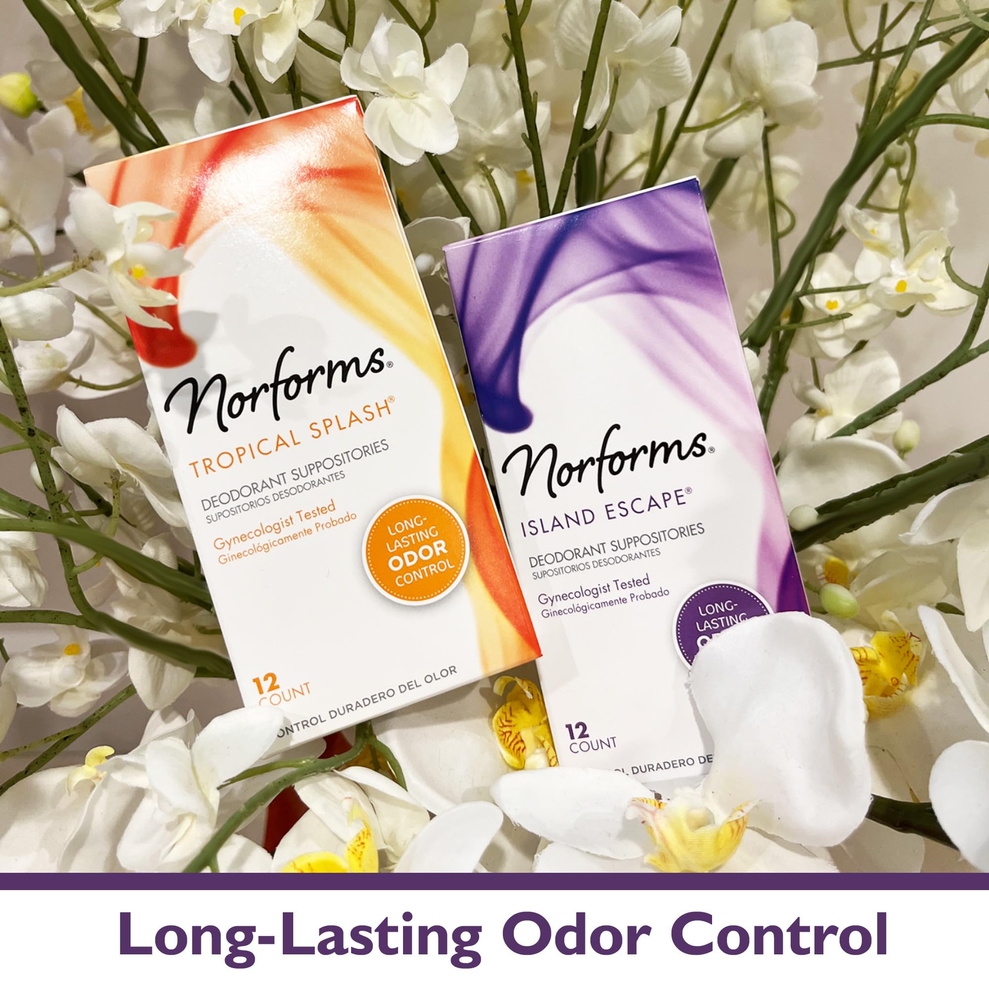 Norforms Feminine Deodorant Suppositories, Long Lasting Odor Control, Island Escape Scent, 12 Count Deodorant Suppositories in E