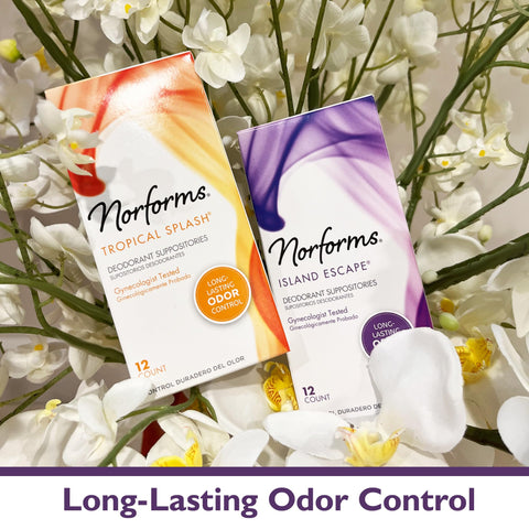 Norforms Feminine Deodorant Suppositories, Long Lasting Odor Control, Island Escape Scent, 12 Count Deodorant Suppositories in E