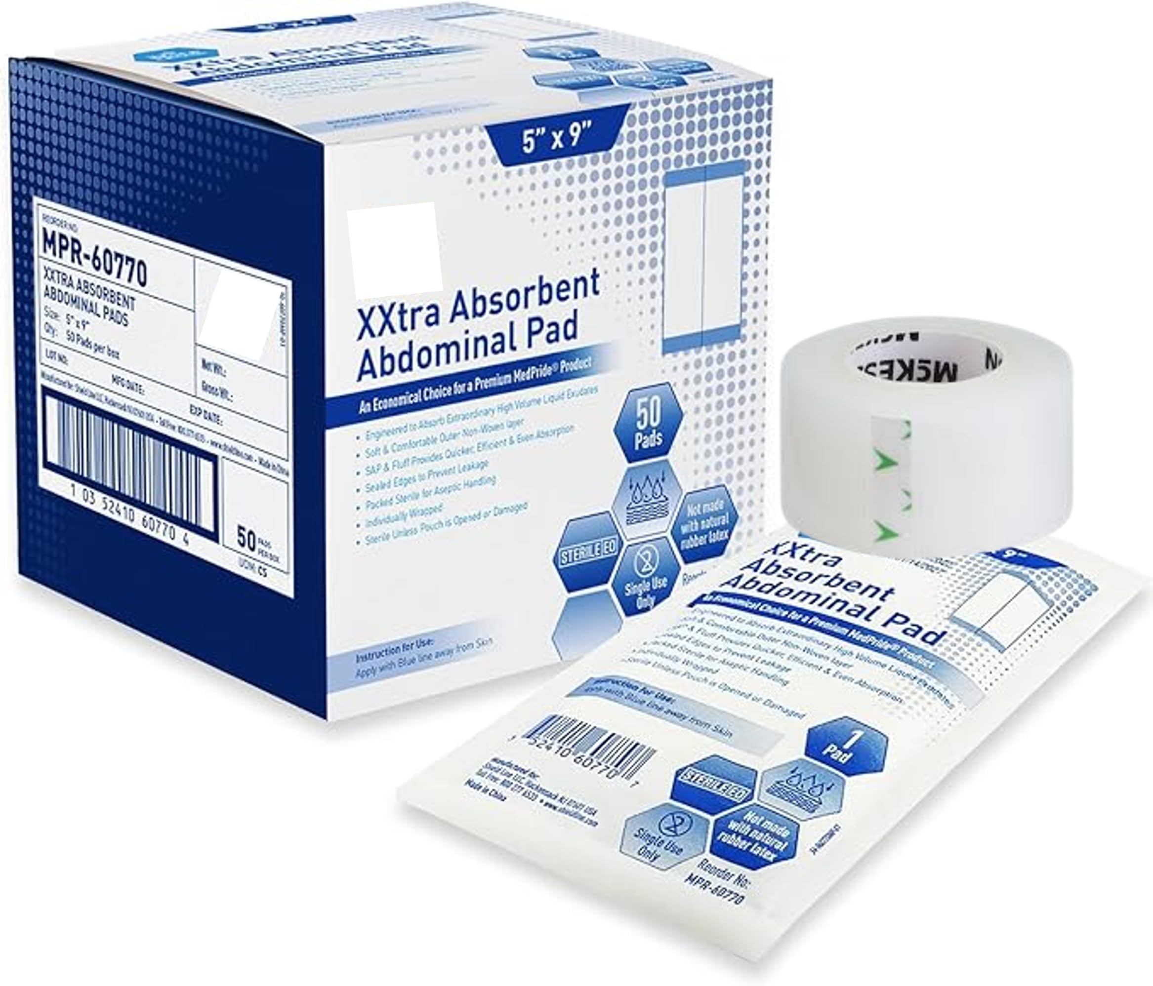 Sterile Extra Absorbent Abdominal Pads [50-Pack] - 5   x9    Plus Surgical Tape 1 in x 10 yd Roll | ABD, Non Adherent, First Aid