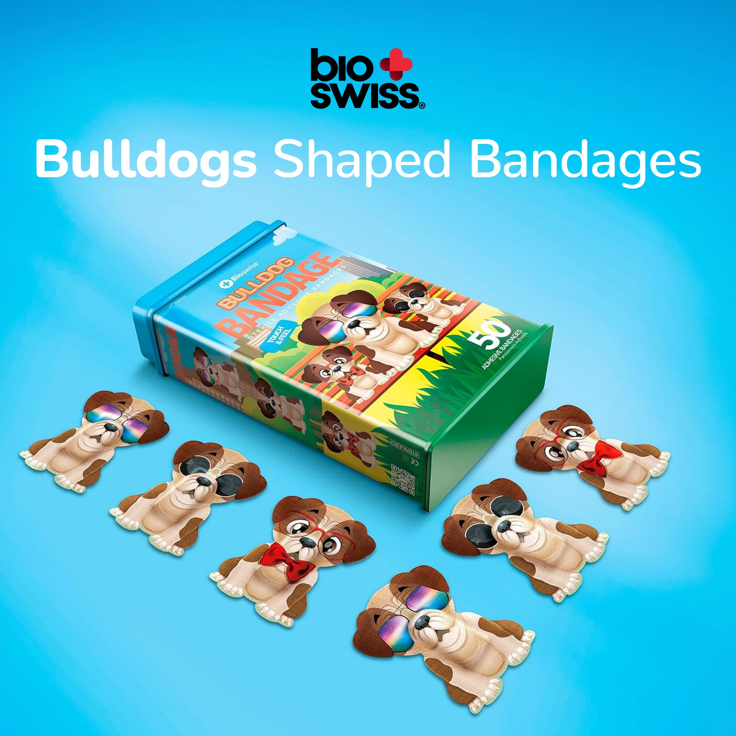 BioSwiss Bandages, Bulldog Shaped Self Adhesive Bandage, Latex Free Sterile Wound Care, 50 Count