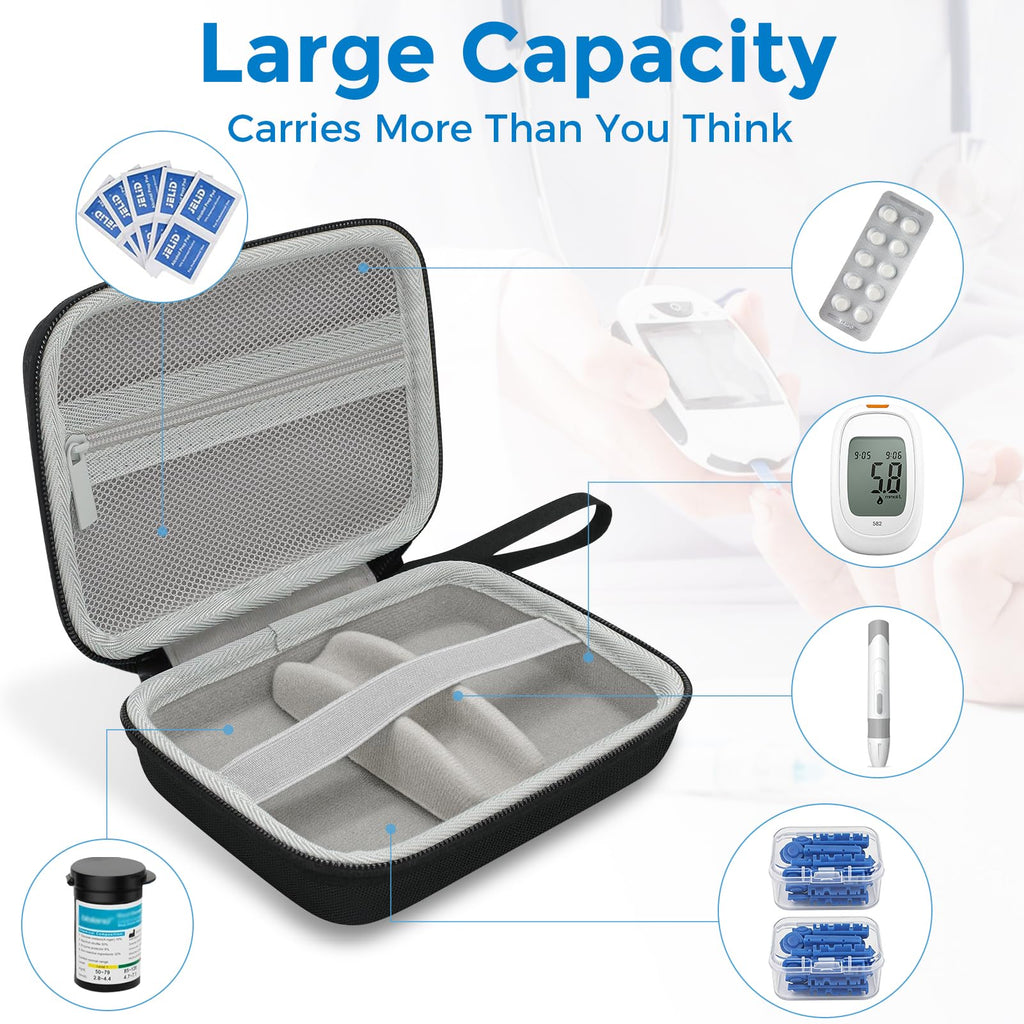 Diabetic Supplies Travel Case, Carrying Case Organizer for Diabetes Testing Kit, Blood Glucose Monitor Kit with Meter, Blood Sug