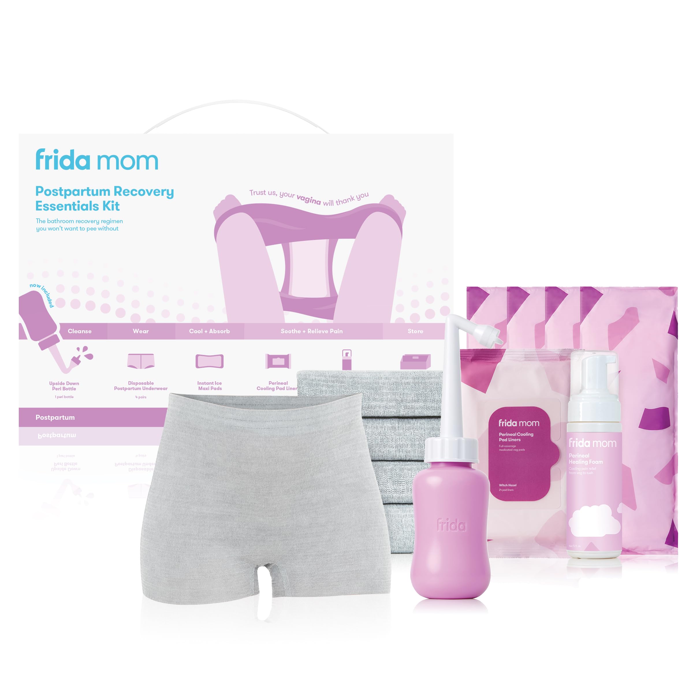 Frida Mom Postpartum Recovery Essentials Kit, Includes Disposable Underwear, Instant Ice Maxi Pads, Perineal Healing Foam, Perin