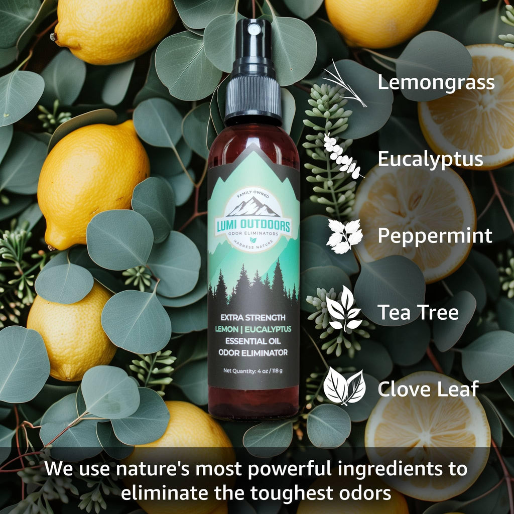 Lumi Outdoors Natural Shoe Deodorizer & Foot Odor Elimination Spray - Shoe Spray for Smelly Shoes - Extra Strength - Eucalyptus