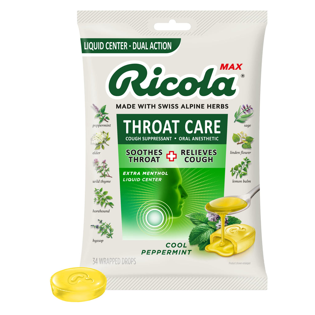 Ricola Max Cool Peppermint Throat Care Large Bag | Cough Suppressant Drops | Dual Action Liquid Center | Soothing Long-Lasting R