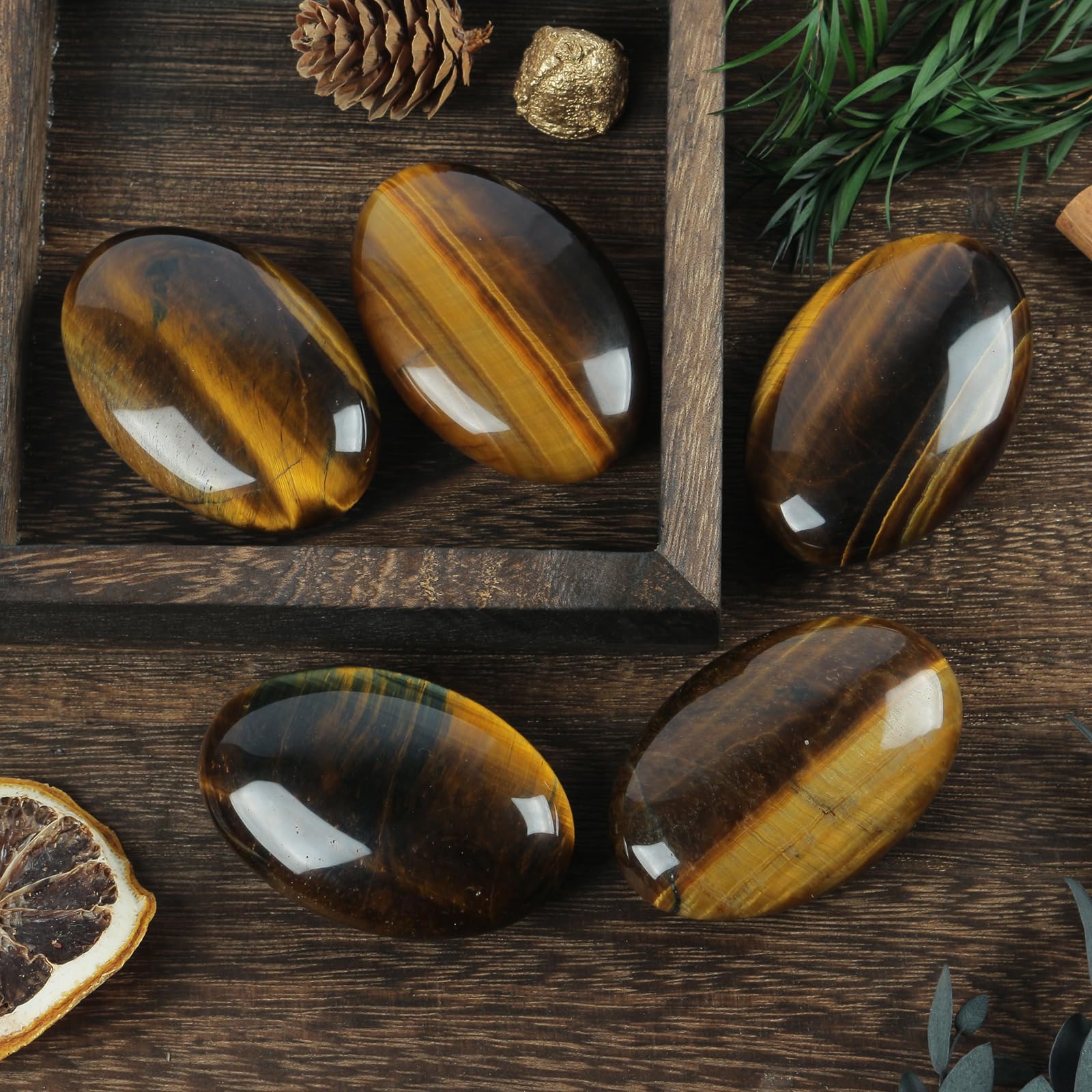 Loveliome Natural Tiger's Eye Oval Polished Worry Stones, Healing Crystal Indoor Fountain Stones Massage Energy Anxiety Relief I