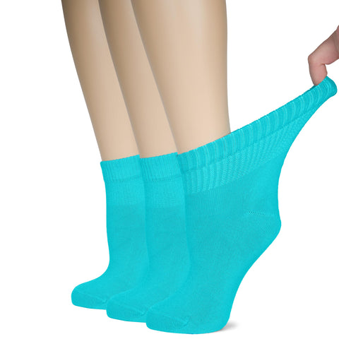 Hugh Ugoli Women's Bamboo Ankle Loose Fit Diabetic Socks, Soft, Seamless Toe, Wide Stretchy, Non-Binding Top, 3 Pairs, Blue Cura