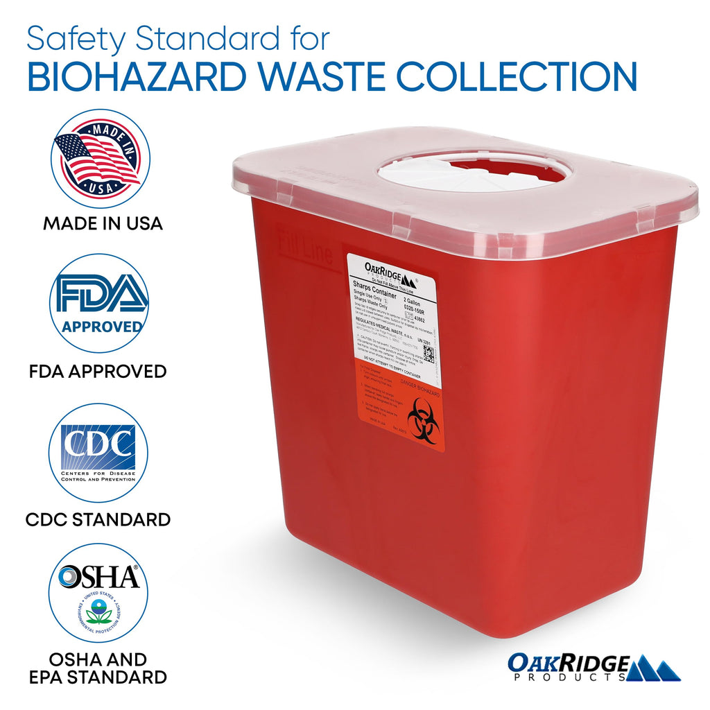 Oakridge Products Large Sharps Container for Home Use and Professional 2 Gallon (2-Pack) with Rotating lid, Biohazard Needle and