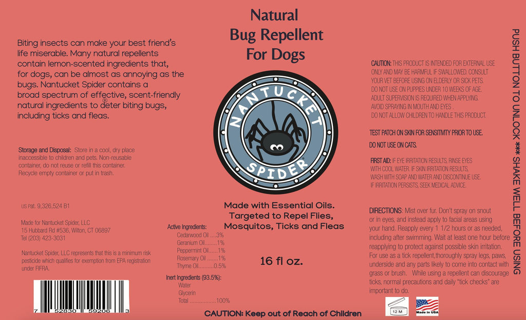 Nantucket Spider Natural Bug Repellent for Dogs | DEET-Free with Organic Essential Oils | Repels Mosquito, Flies, Ticks and Flea