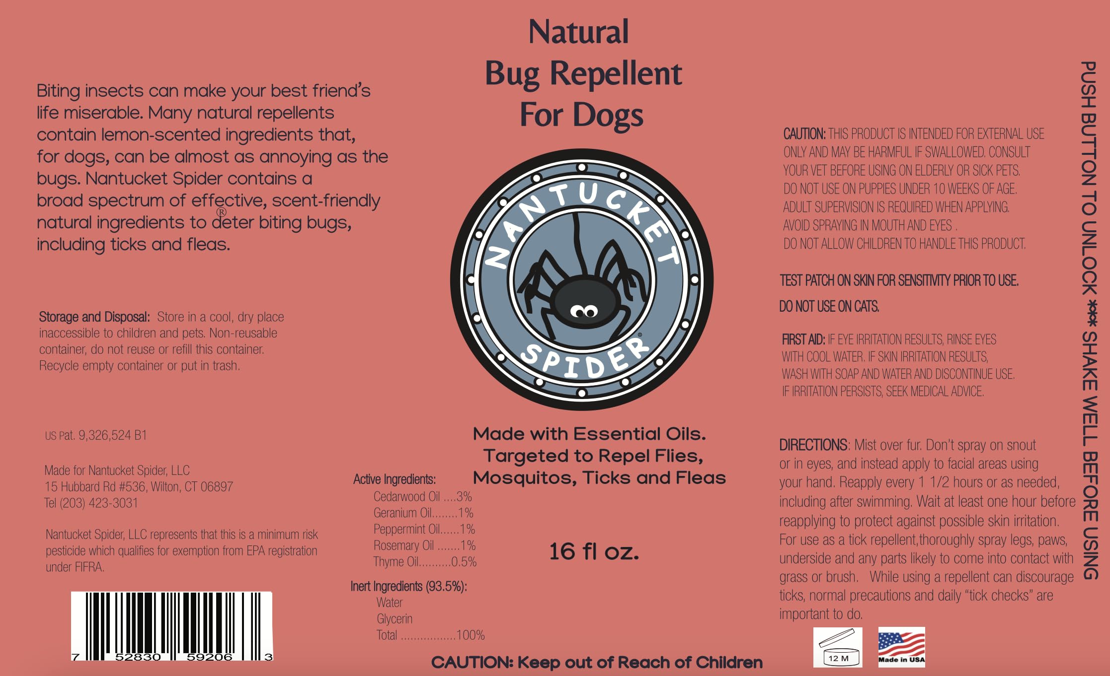 Nantucket Spider Natural Bug Repellent for Dogs | DEET-Free with Organic Essential Oils | Repels Mosquito, Flies, Ticks and Flea