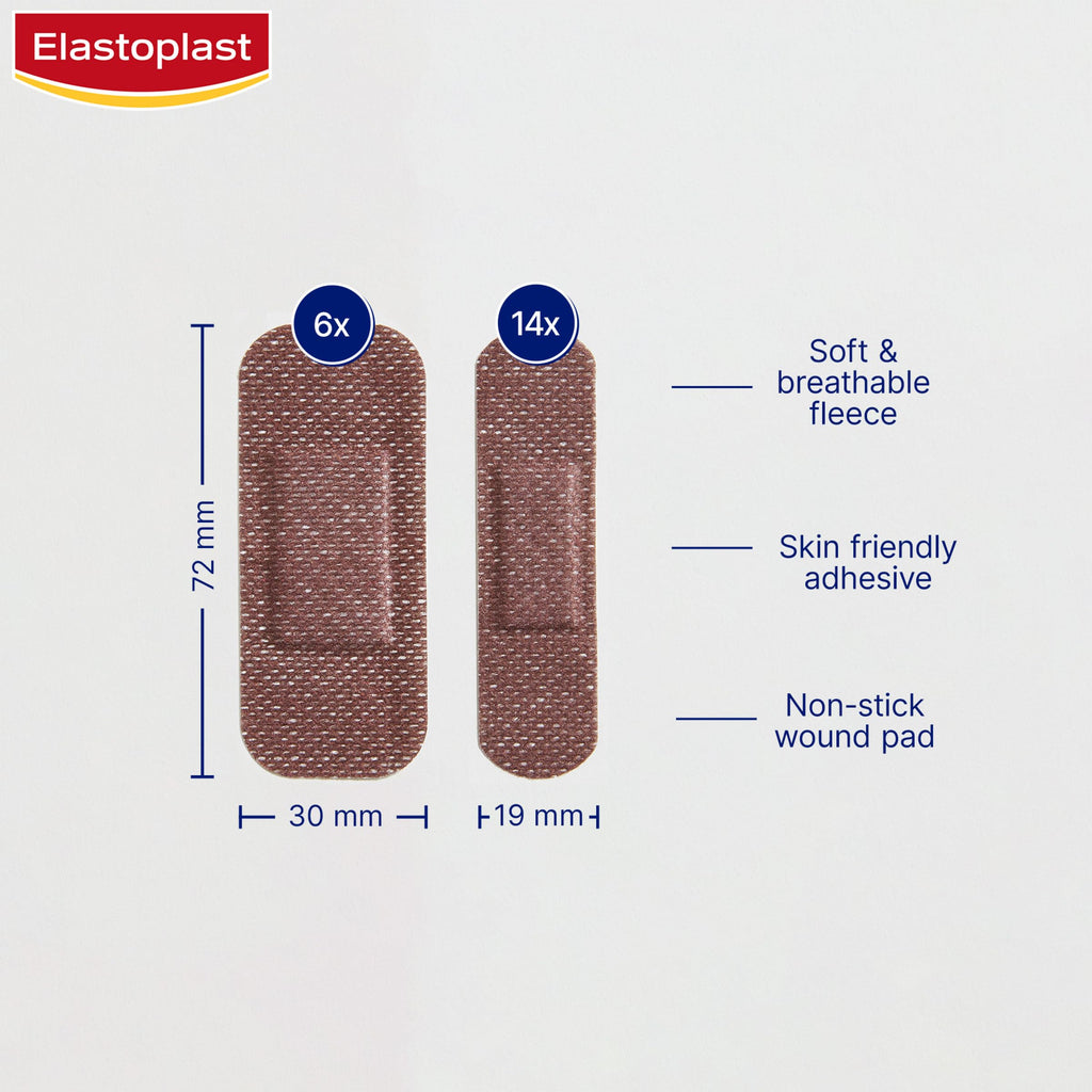 Elastoplast Sensitive Hypoallergenic Dark Skin Tone Plasters (20 Pieces), Painless Removal, Breathable Fabric, 19g, Large, 1 Cou