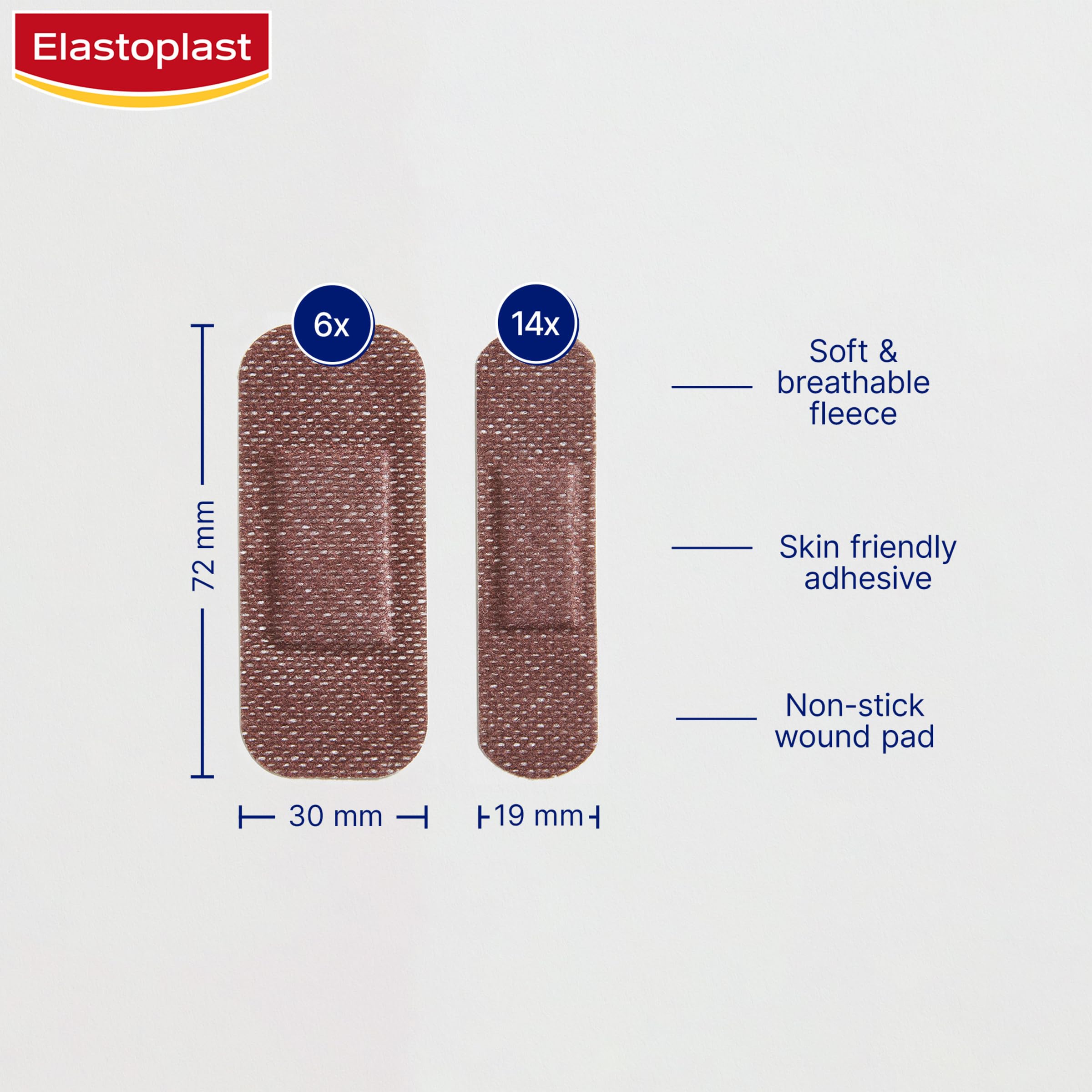 Elastoplast Sensitive Hypoallergenic Dark Skin Tone Plasters (20 Pieces), Painless Removal, Breathable Fabric, 19g, Large, 1 Cou