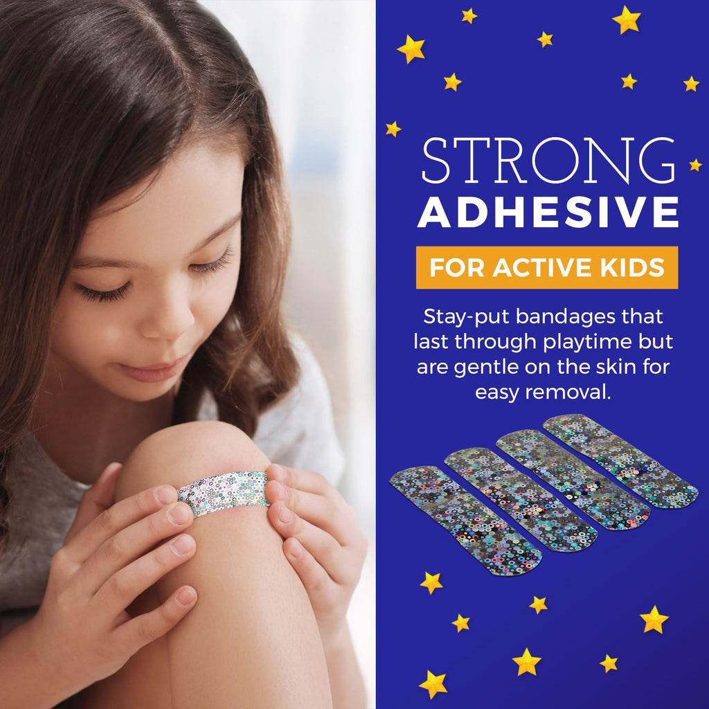 Glitter Bandages for Kids -(100 Count Box) Adhesive Bandage Strips w/Colorful Glitter Design & Latex-Free Individually Wrapped S
