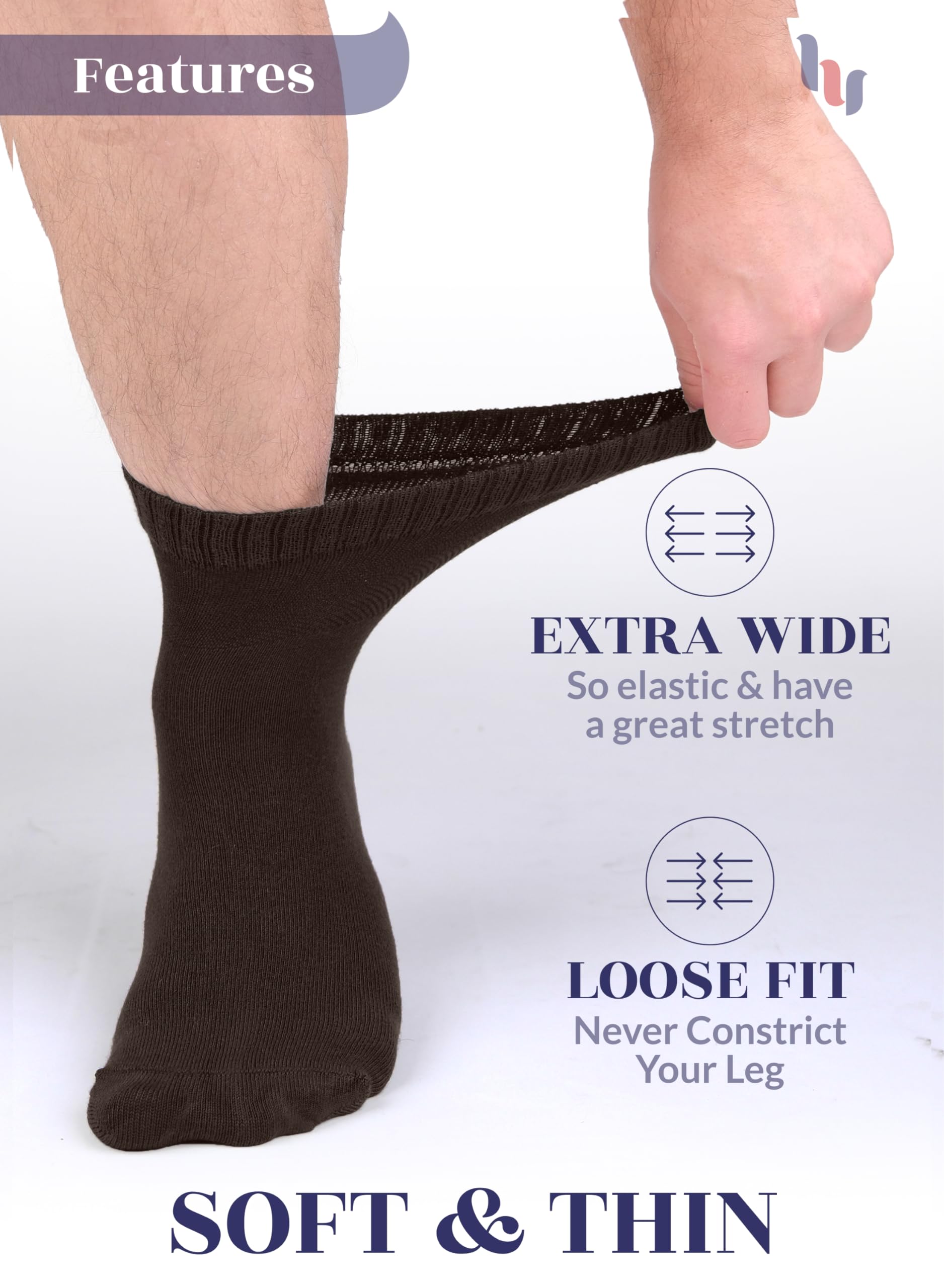 Hugh Ugoli Diabetic Socks for Men, Loose Ankle Socks Bamboo, Extra-Wide, Thin, Seamless Toe and Non-Binding Top, 4 Pairs, Dark B