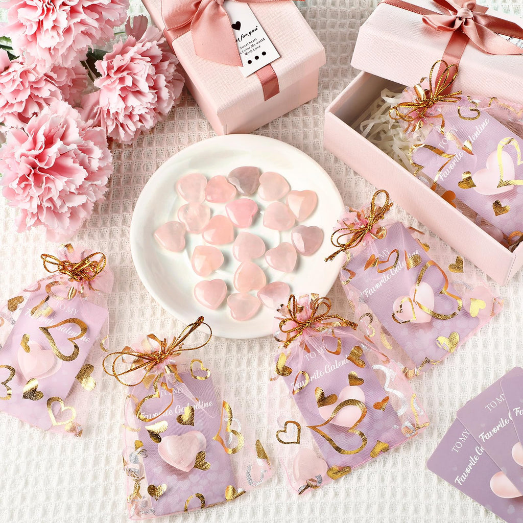 Layhit 72 Pcs Valentines Galentine Gift Bulk Crystals Pink Rose Quartz Hearts Gifts Galentine Rose Quartz Mini Worry Stone Gemst