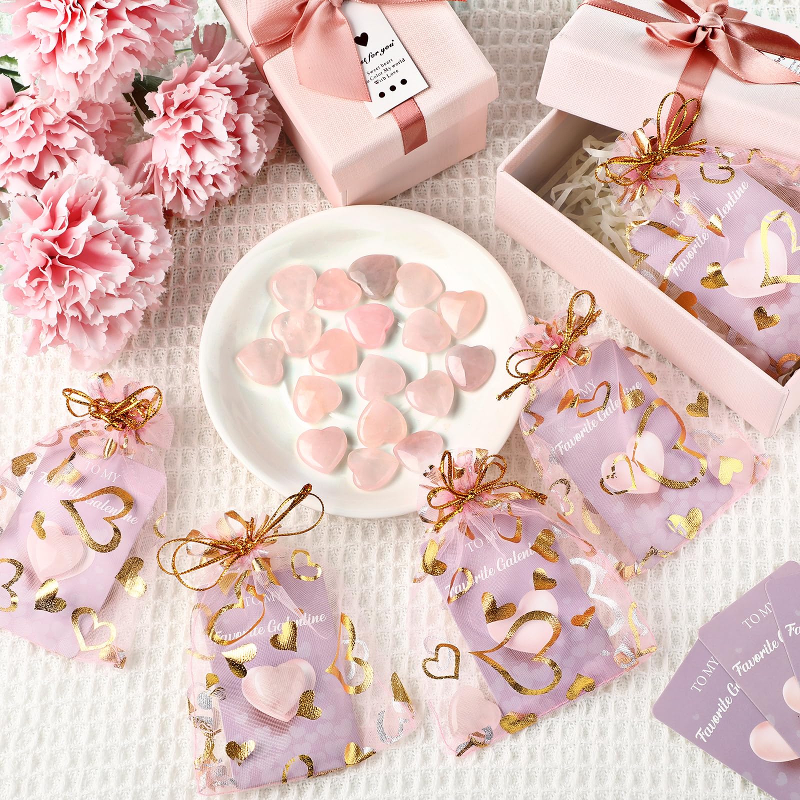 Layhit 72 Pcs Valentines Galentine Gift Bulk Crystals Pink Rose Quartz Hearts Gifts Galentine Rose Quartz Mini Worry Stone Gemst