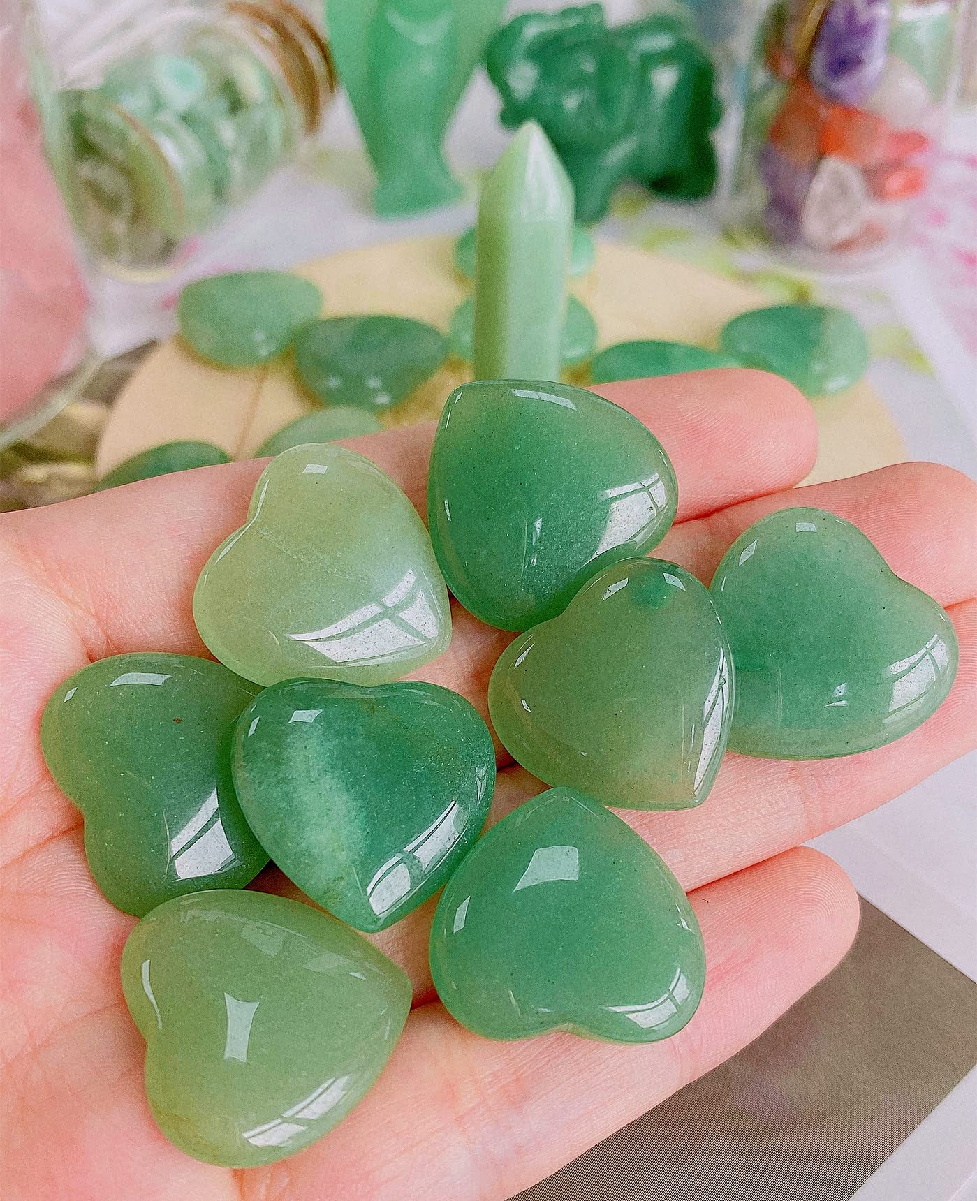 20 PCS Green Aventurine Natural Heart Healing Crystals Polished Crystal Cute Mini Stones Pocket Palm Love Gemstones Set Bulk Who