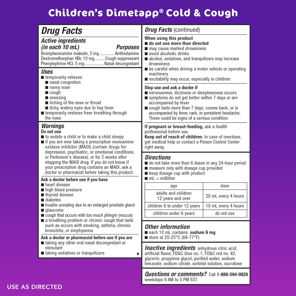 Childrens Dimetapp Cold and Cough, Stuffy Nose, Runny Nose, Sneezing, Itchy & Watery Eyes, Cough, Antihistamine, Alcohol-Free,