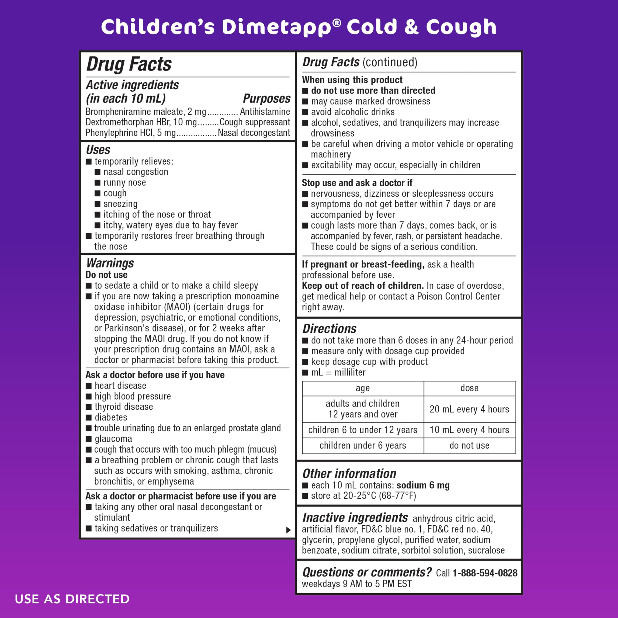 Childrens Dimetapp Cold and Cough, Stuffy Nose, Runny Nose, Sneezing, Itchy & Watery Eyes, Cough, Antihistamine, Alcohol-Free,