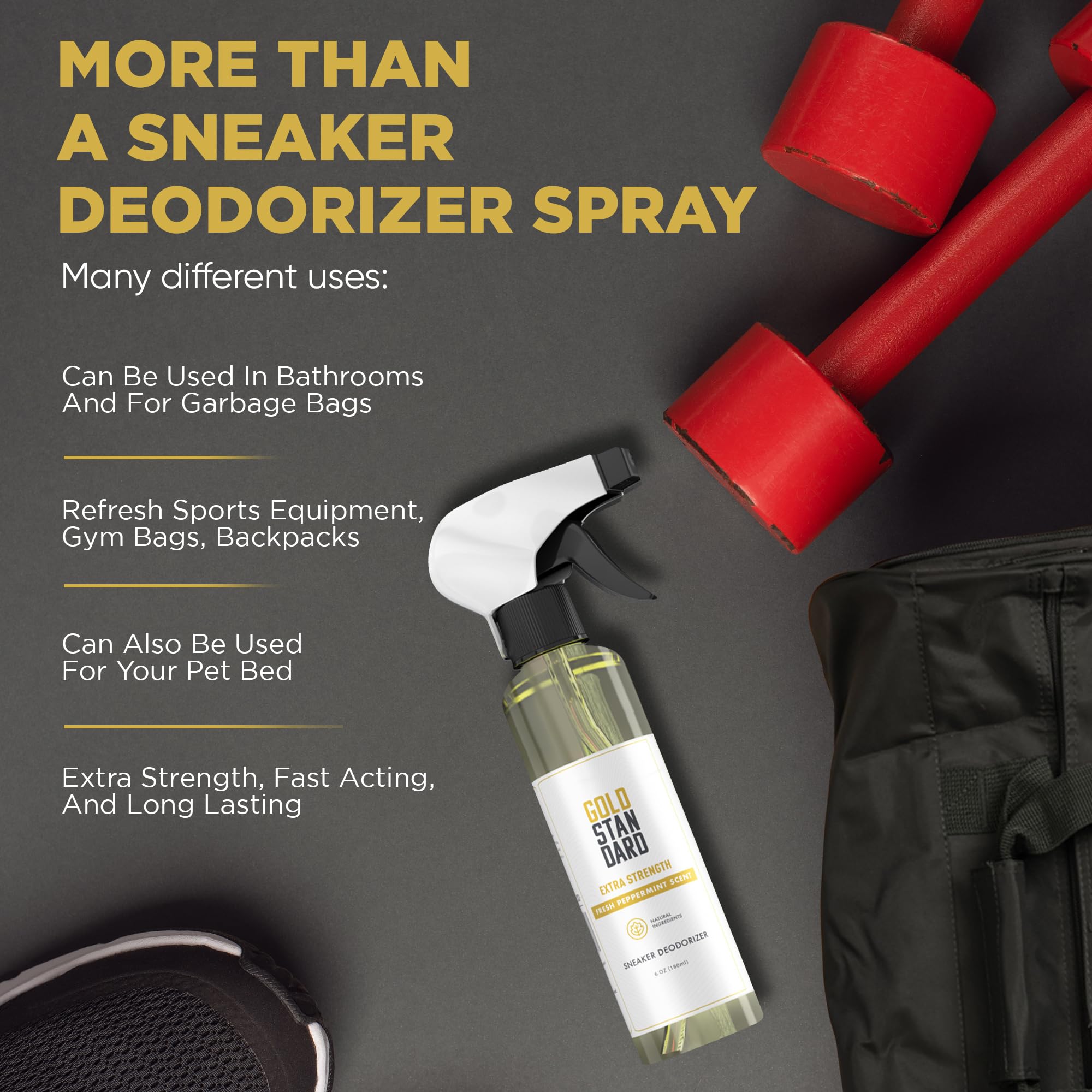Gold Standard Natural Sneaker Deodorizer Spray, 2 Pack, 6 oz Shoe Odor Eliminator, Extra Strength & Long-Lasting Peppermint Fres