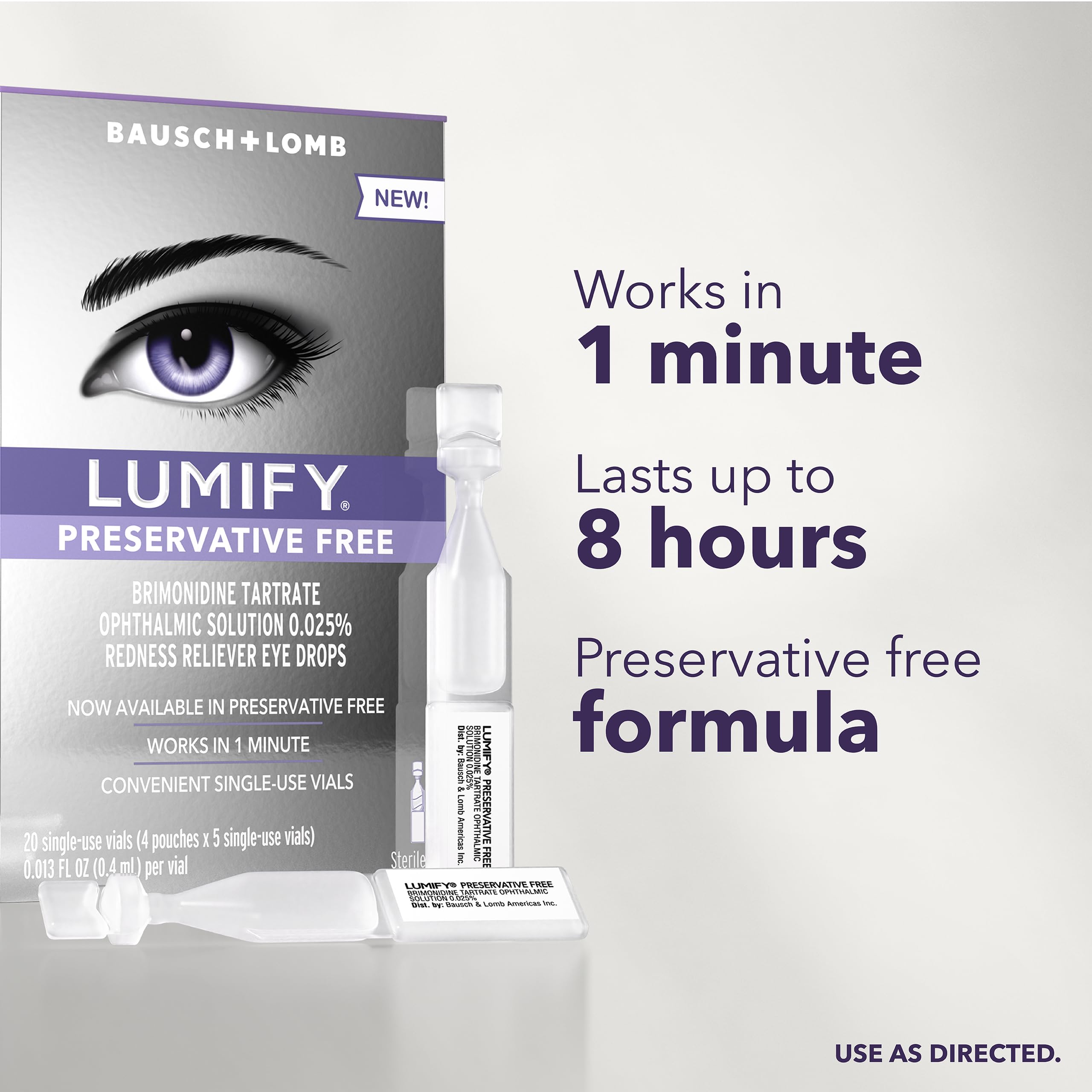 LUMIFY Preservative Free Redness Reliever Eye Drops, 20 Single Use Vials, Fast Acting, Only PF Drop for Whiter & Brighter Lookin
