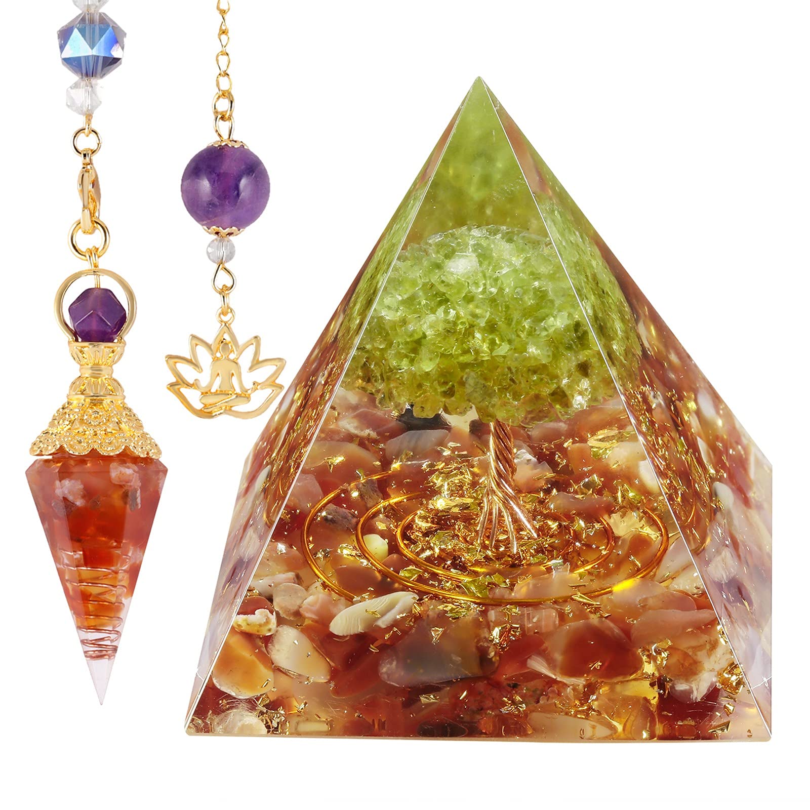 SUNYIK Orgone Pyramid & Orgone Pendulum Set, Tree of Life Orgonite Energy Generator & Orgone Crystal Points Pendulum for Divinat