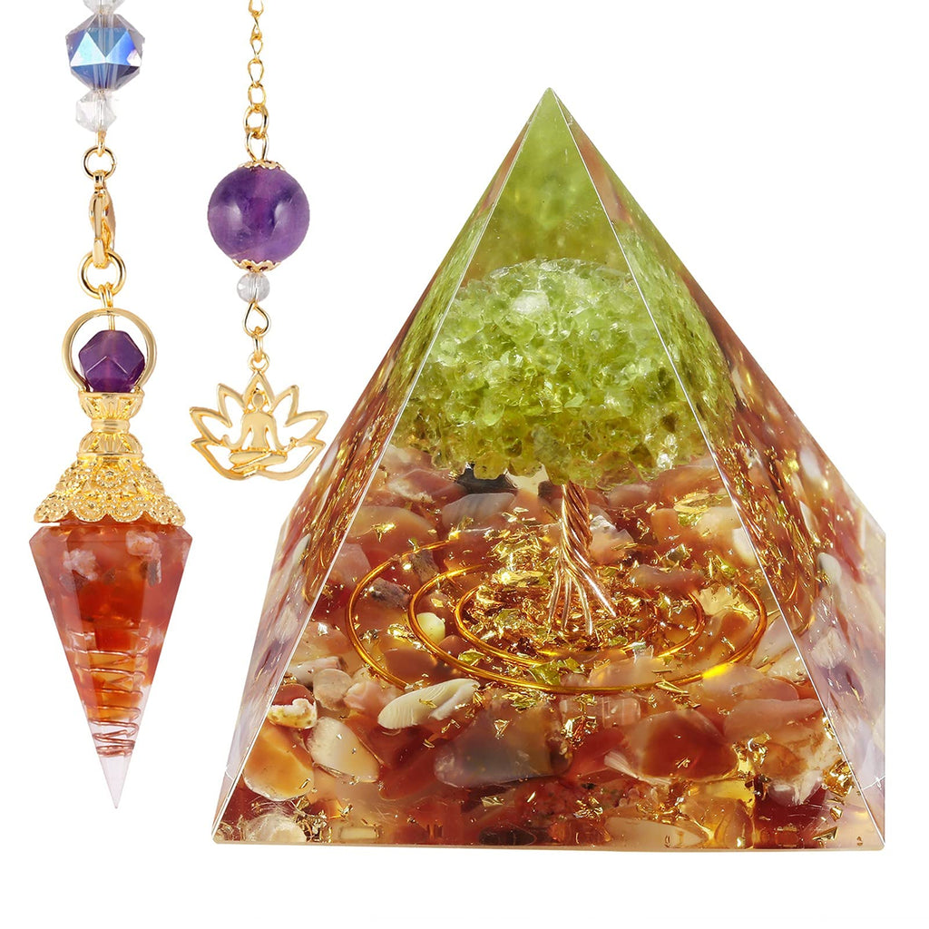SUNYIK Orgone Pyramid & Orgone Pendulum Set, Tree of Life Orgonite Energy Generator & Orgone Crystal Points Pendulum for Divinat