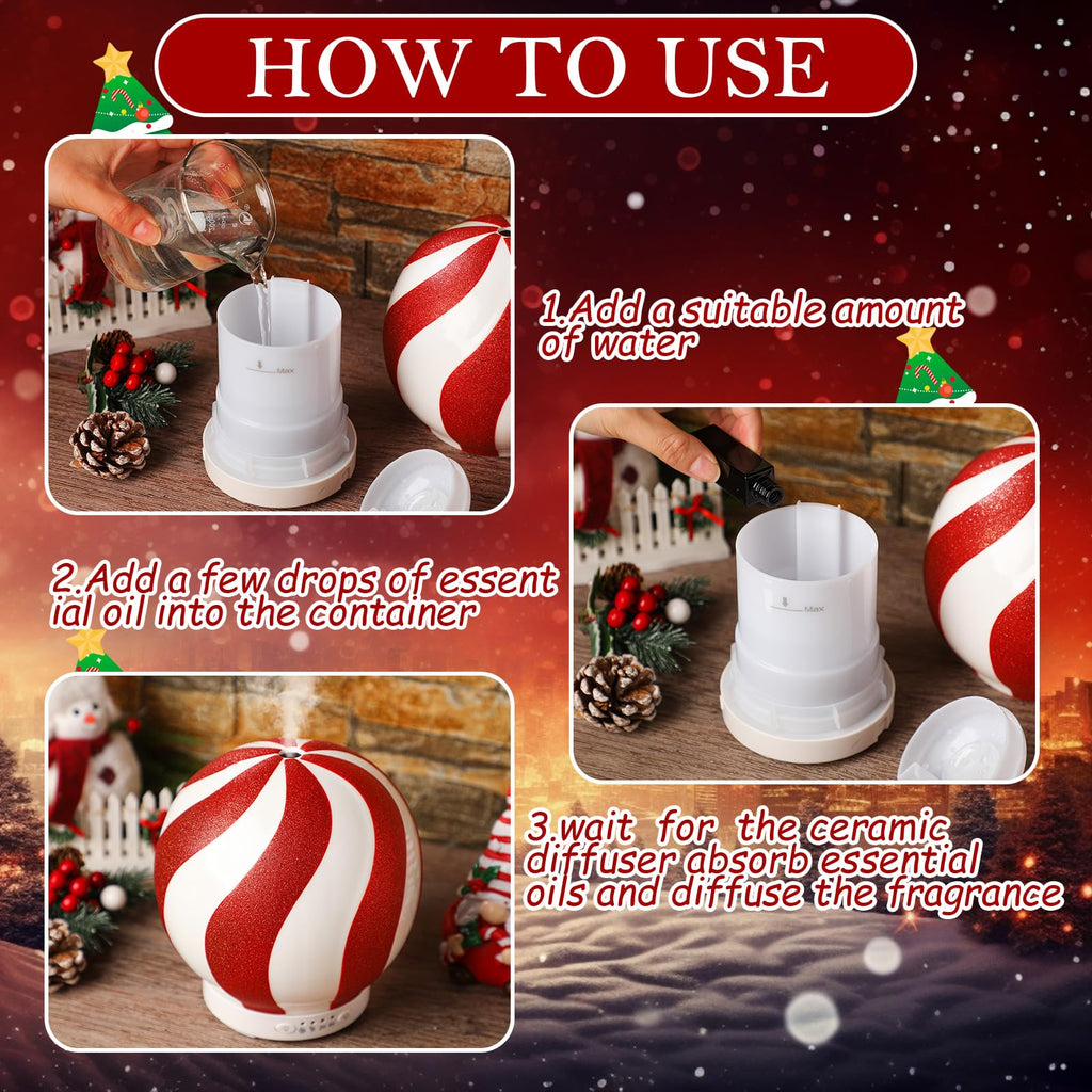 Rossesay Christmas Essential Oil Diffuser, 120ml Cute Ceramic Candy Cane Aromatherapy Humidifier, Holiday Xmas Home Table Decor