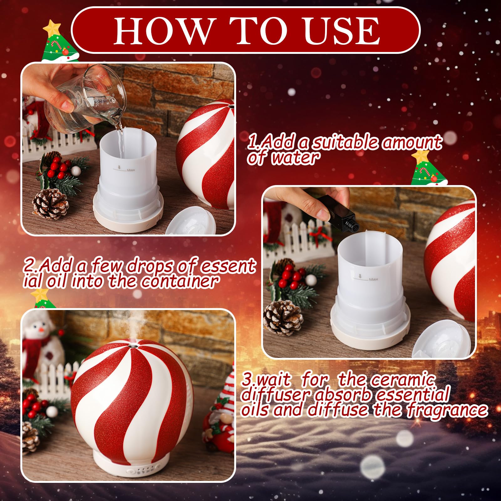 Rossesay Christmas Essential Oil Diffuser, 120ml Cute Ceramic Candy Cane Aromatherapy Humidifier, Holiday Xmas Home Table Decor