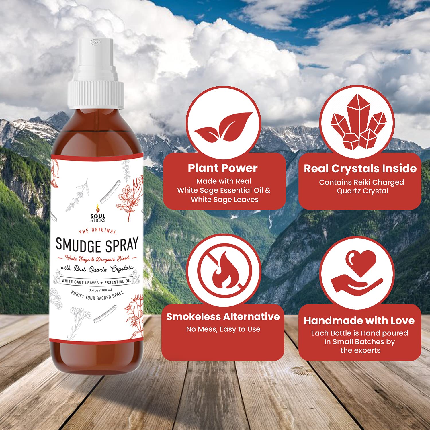 SOUL STICKS White Sage & Dragons Blood Smudge Spray - 3.5oz Smokeless Energy Mist with Quartz Crystals - Protective Smudging Spr