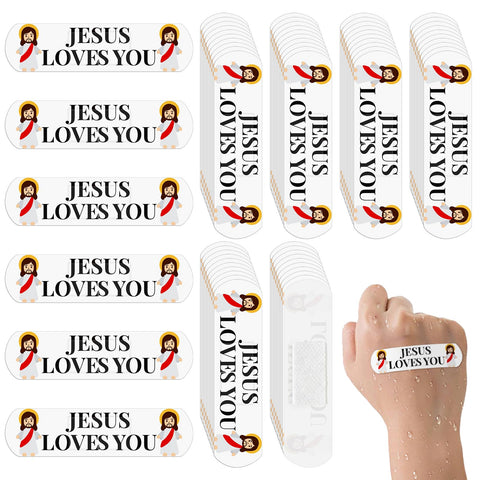 60pcs Jesus Bandages, 2.83x0.75in Jesus Loves You Waterproof PE Adhesive Bandage for Minor Wound Care, Comfortable Hypoallergeni