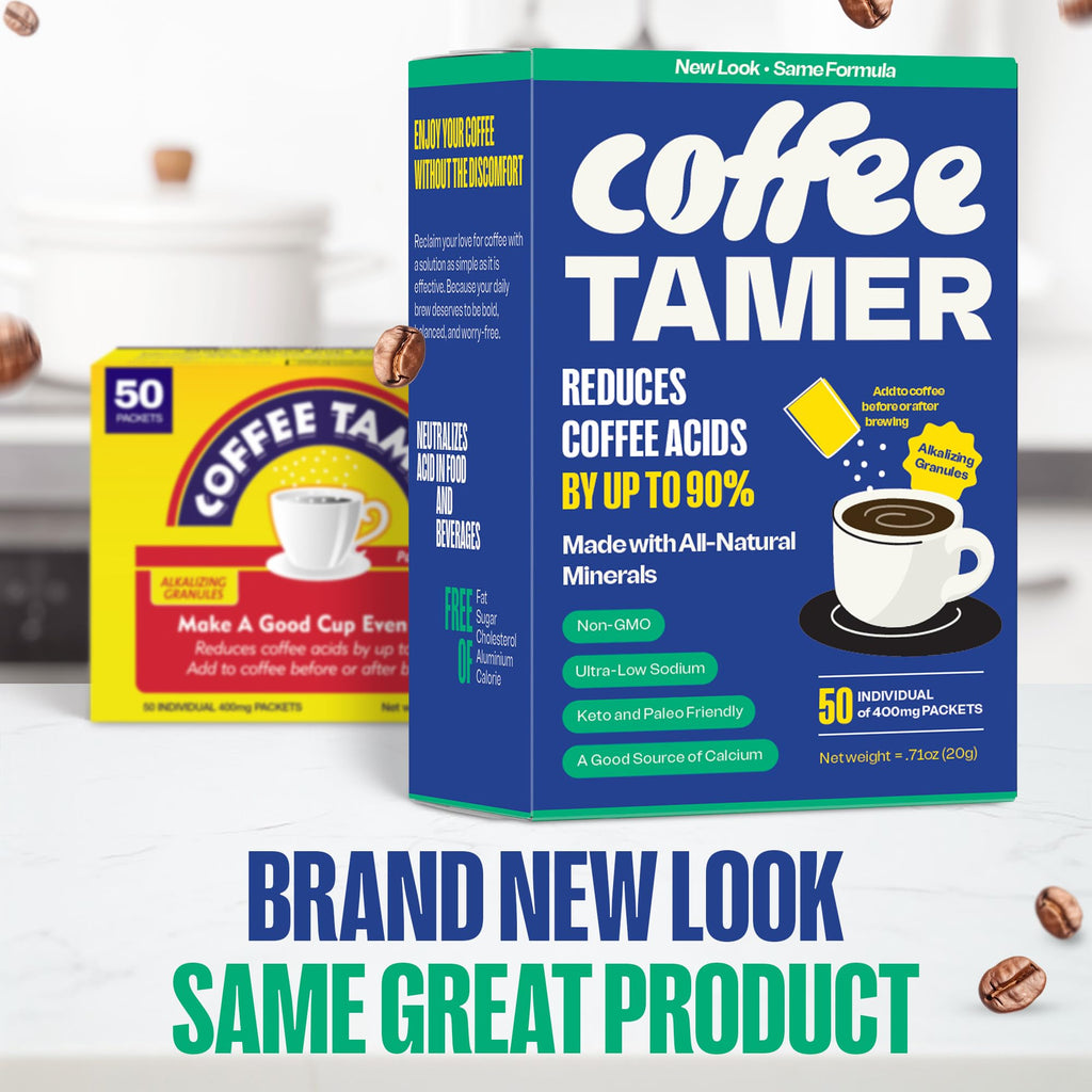 Coffee Tamer Coffee Acid Reducing Granules 50 Pack Box - Reduces Coffee Acids by up to 90% - All-Natural Minerals - Keto Friendy
