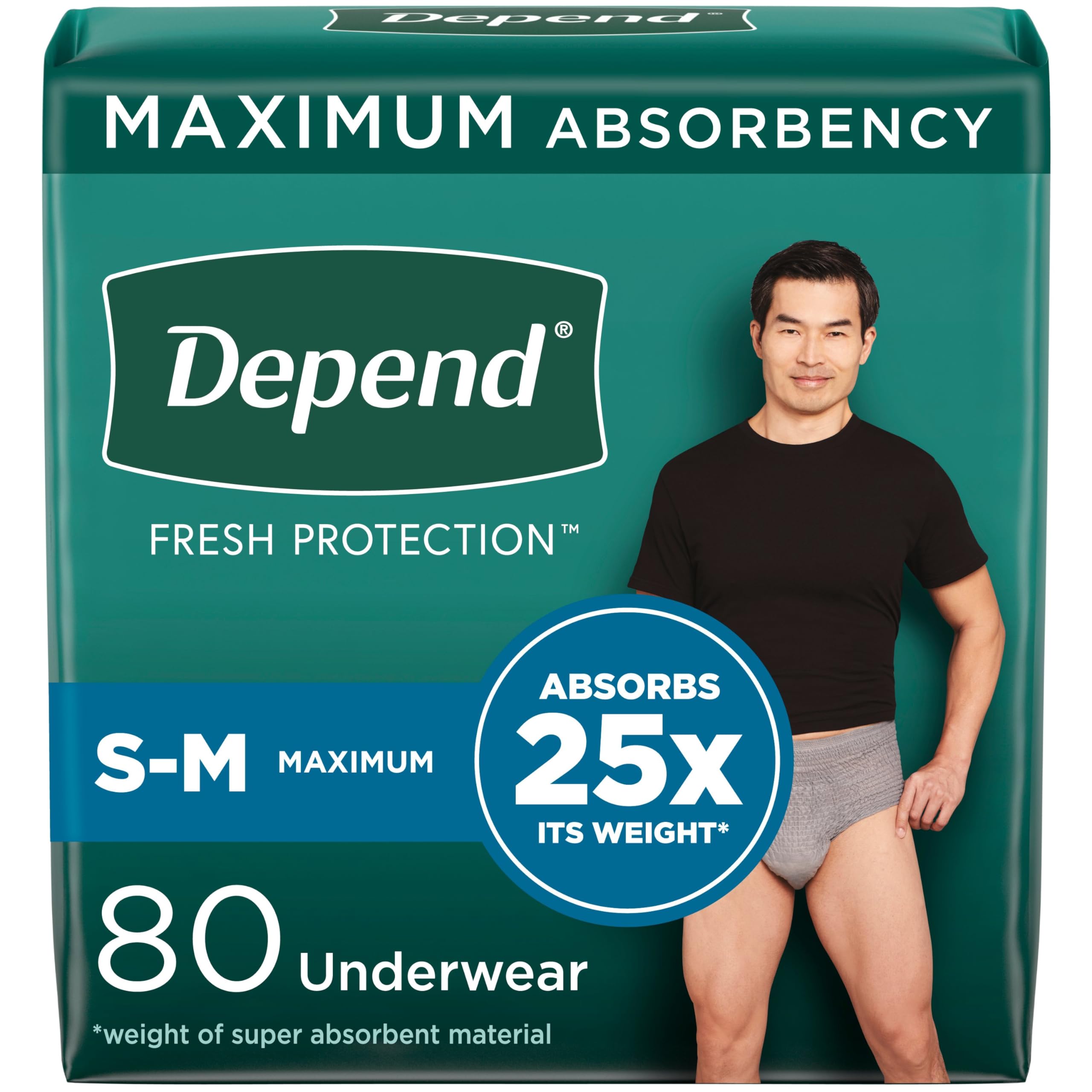 Depend Fresh Protection Adult Incontinence Underwear for Men, Disposable, Maximum, Small/Medium, Grey, 80 Count (2 Packs of 40),
