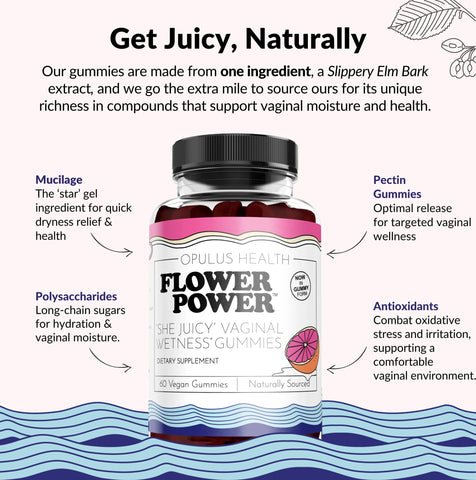 Flower Power She Juicy Gummies - Vaginal Moisturizer for Dryness, Feminine Care, Sugar Free Slippery Elm Bark Mix Berries, Blueb