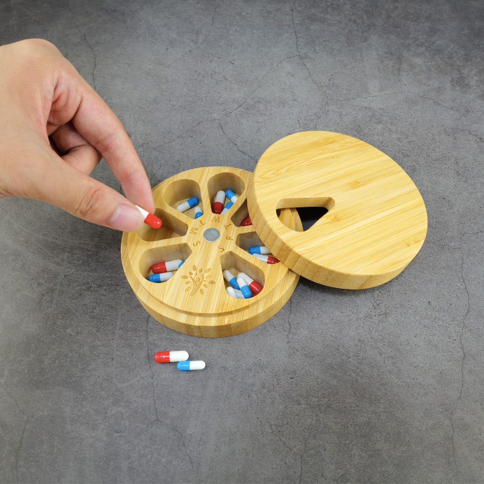 Bamboo Wood Pill Organizer for Medicine Vitamin Weekly, Arthritis Friendly 7-Day Pill Box Medium Container Holder, Daily Portabl