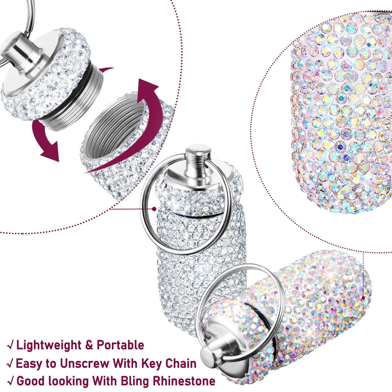 3 Pieces Bling Pill Container Portable Pill Bottle Case Travel Pill Holder Storage with Keychain for Outdoor Camping Traveling (