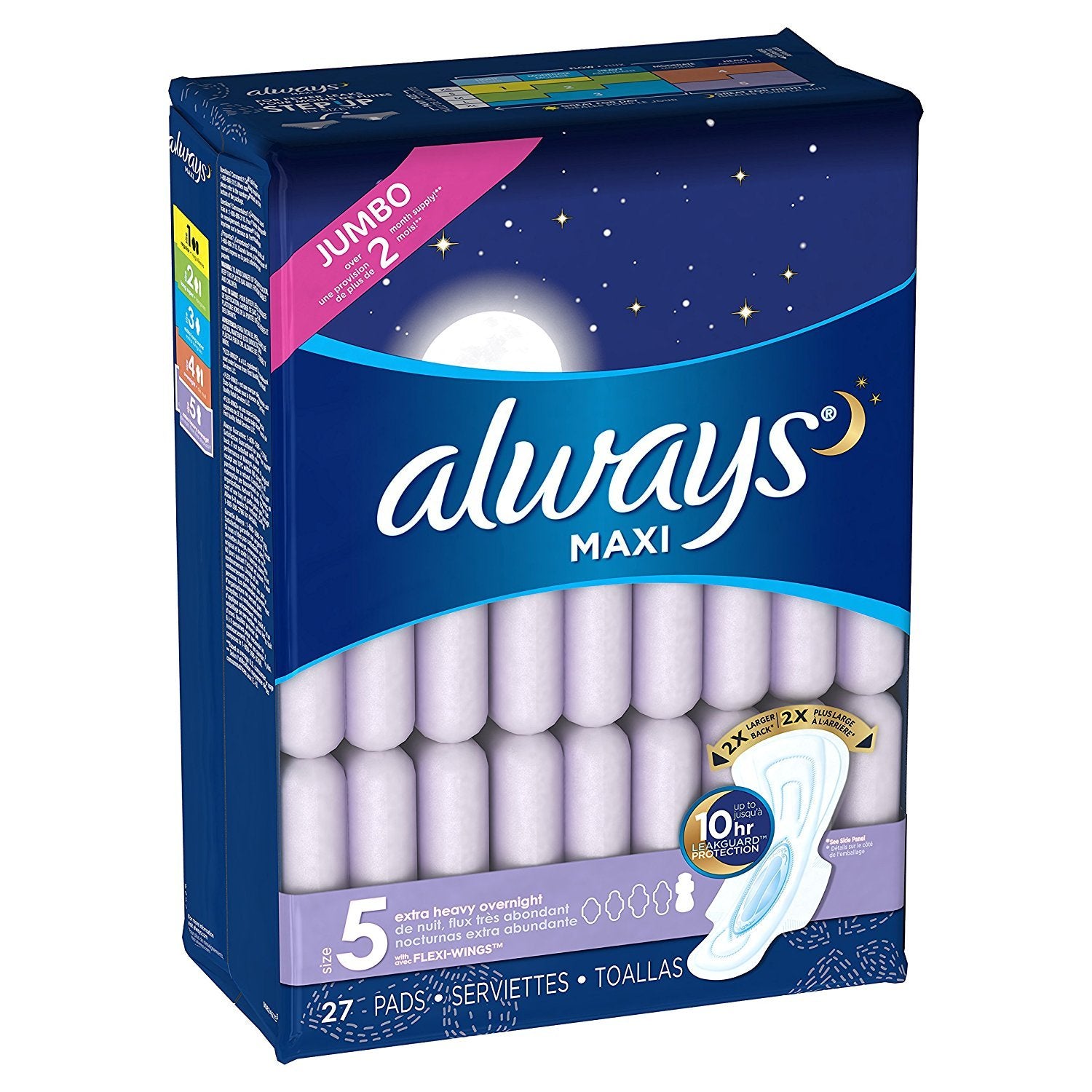 Always Maxi, Size 5, Extra Heavy Overnight Pads with Flexi-Wings, Unscented, 27 Count. 2 Pack. (Includes (2) 27-Count Packages S