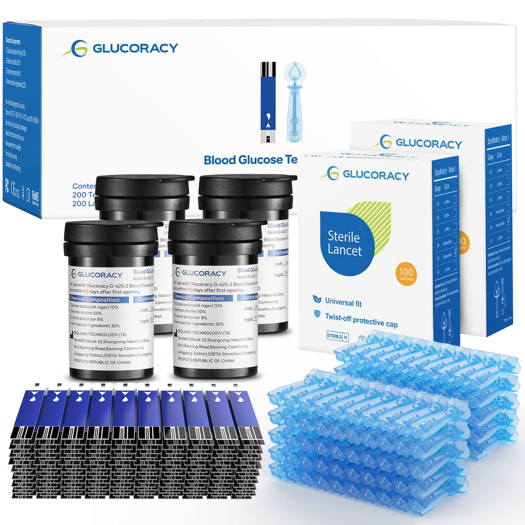 Glucoracy Blood Glucose Test Strips G-425-2, 200 Blood Sugar Test Strips for Diabetes, 200 Lancets, Self Diabetes Blood Glucose 