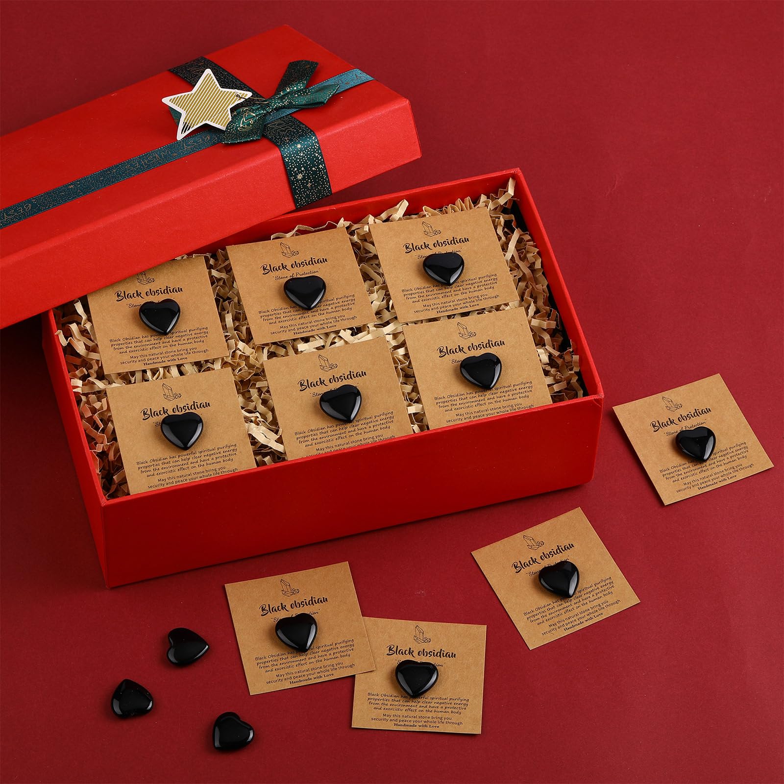 YooNotee 32 Pack Black Obsidian Heart Stone Valentine's Gift Sets Bulk 0.8 Inch 16 Pcs Crystal Gemstone Crystals Rock With16 Pcs
