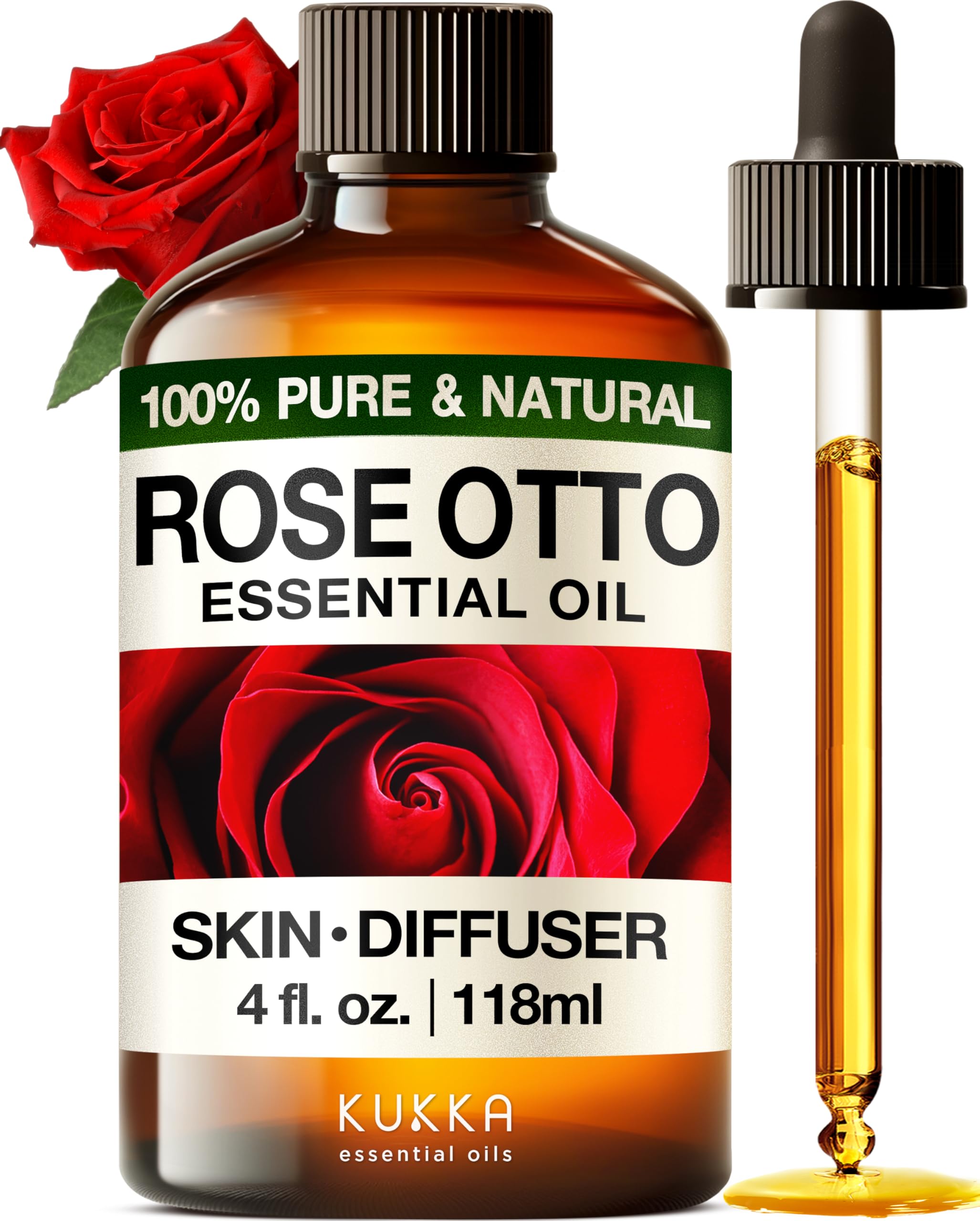 Kukka Rose Essential Oil for Skin, Face & Diffuser - 4 Fl Oz - 100% Pure Natural Rose Oil, Delicate Floral Scent, for Aromathera