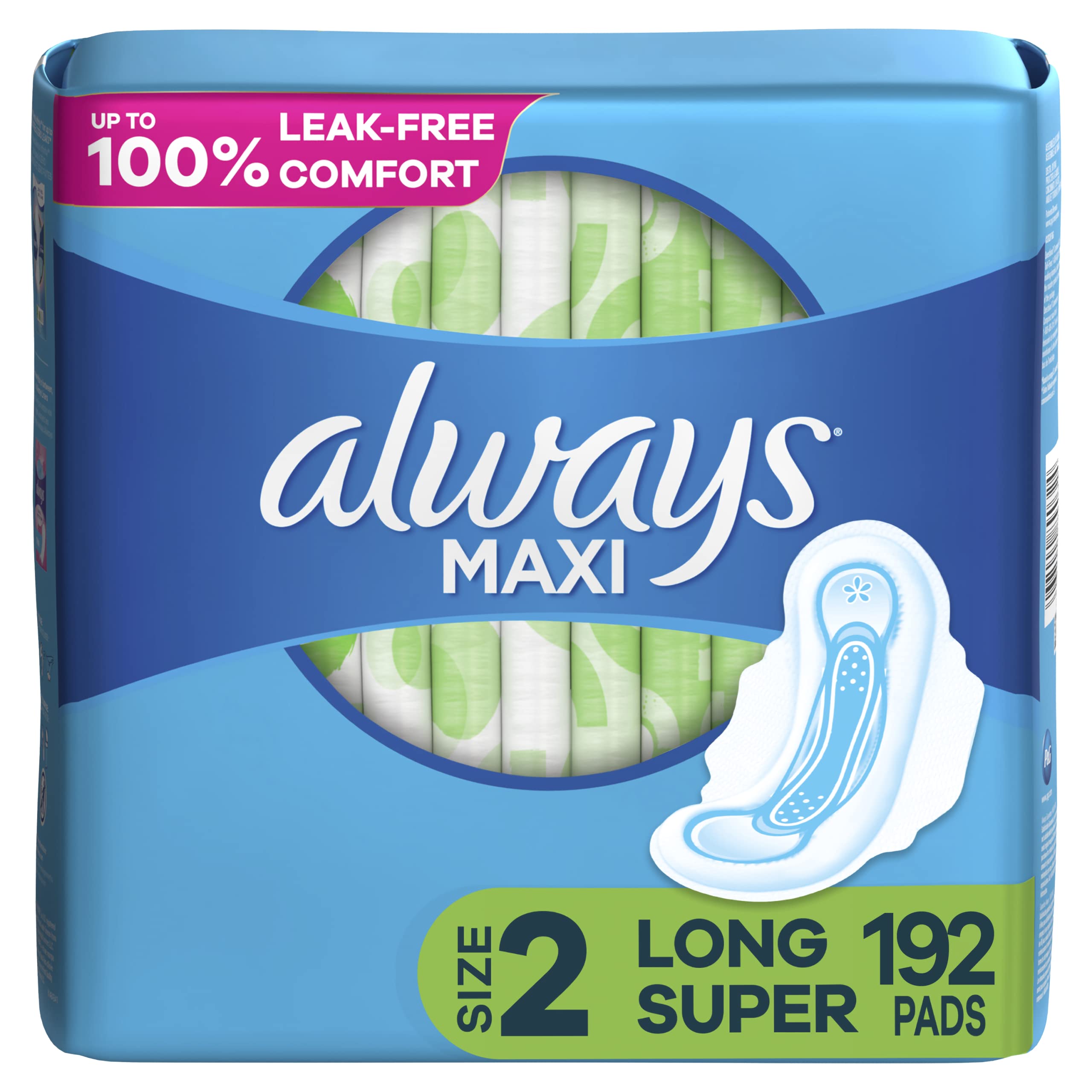 Always Maxi Feminine Pads For Women, Size 2 Long Super Absorbency, With Wings, Unscented, 32 Count x 6 (192 Count Total)