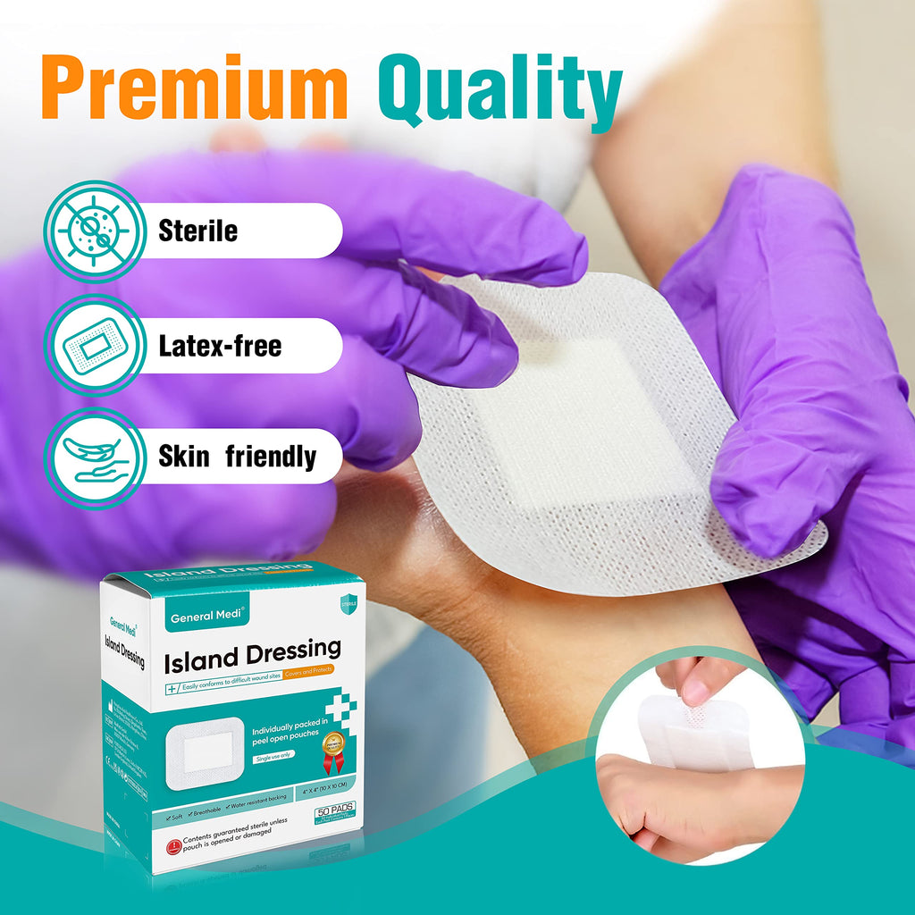 General Medi Sterile Island Dressing Bordered Gauze - 50 Count, 4 x 4 Gauze Pads, Wound Care Pad with Adhesive Border - Sterile,