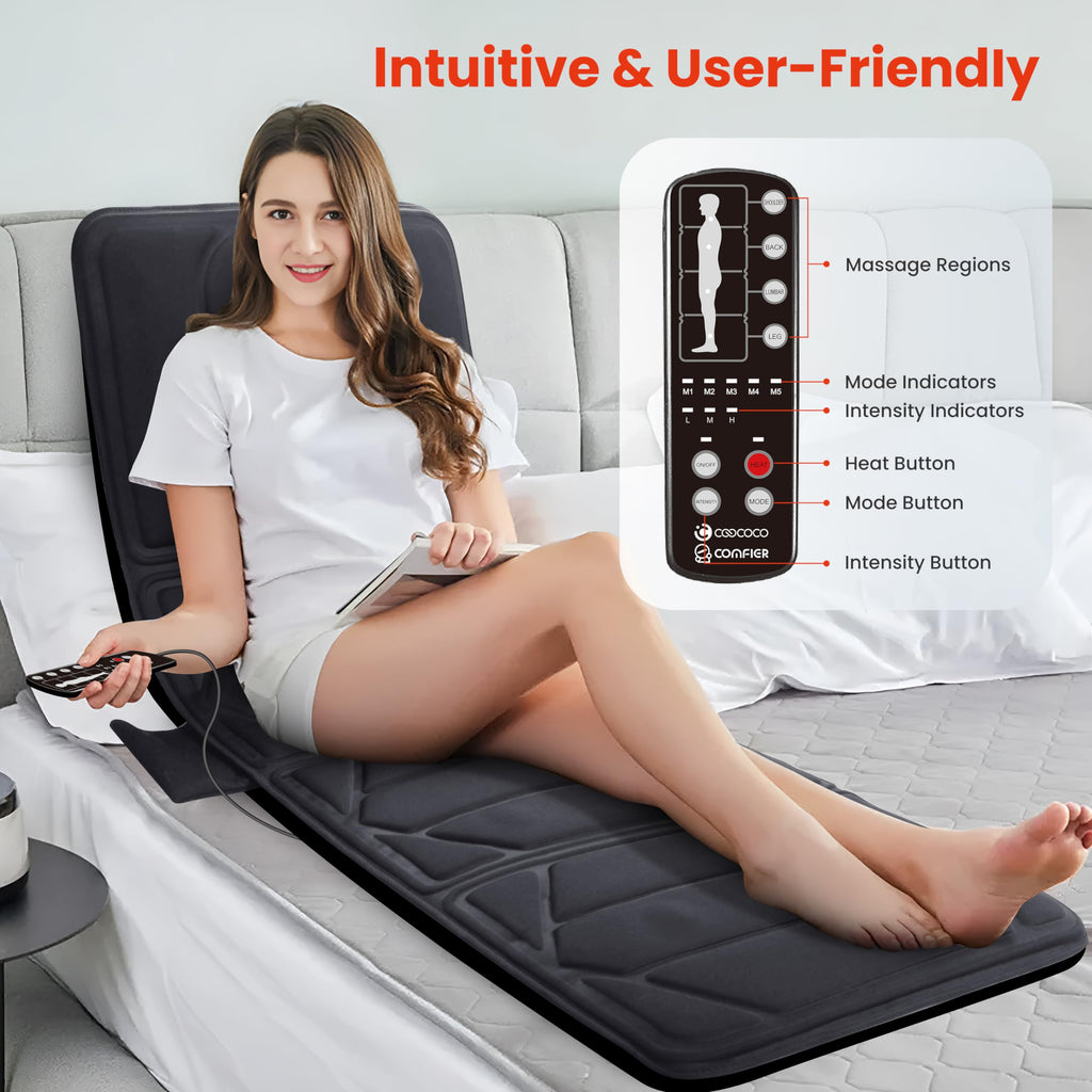 CooCoCo Massage Mat with Heat, Massage Pad with 10 Vibration Motors, Full Body Massager for Neck and Back, Bed Massager for Shou