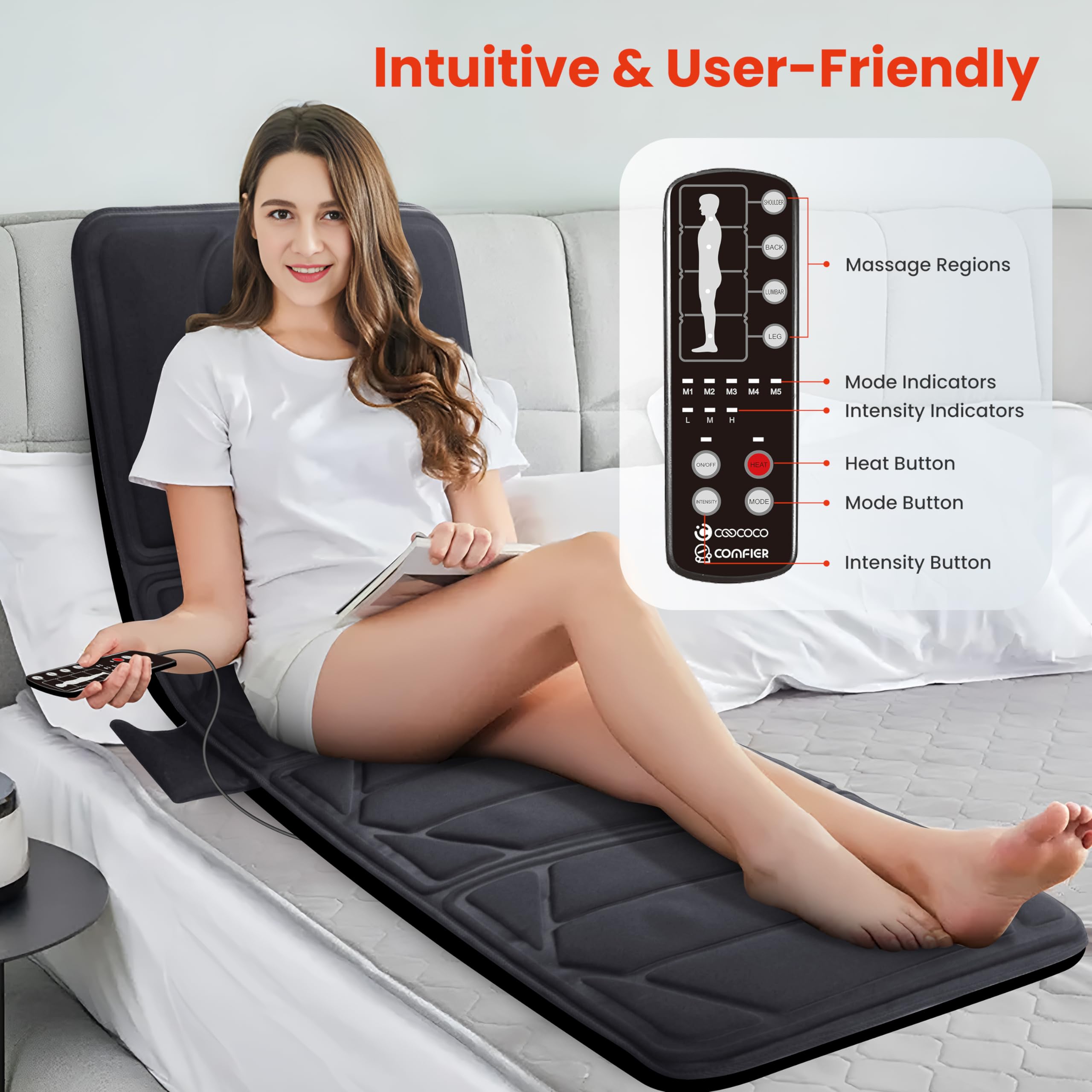 CooCoCo Massage Mat with Heat, Massage Pad with 10 Vibration Motors, Full Body Massager for Neck and Back, Bed Massager for Shou