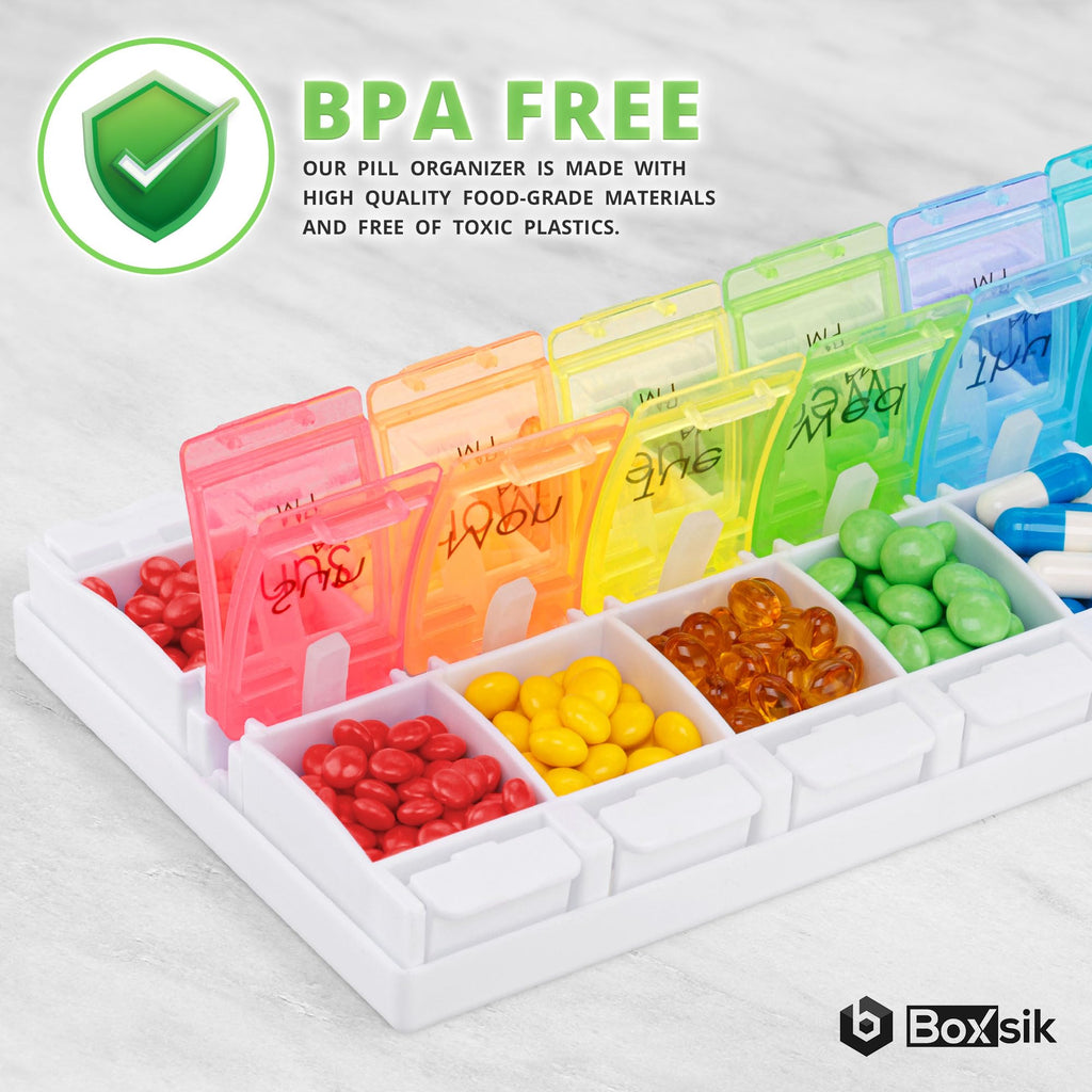 Boxsik Pill Box Organizer (Rainbow), 7-Day 2 Times a Day Medicine Storage Case w/Spring Opening & Detachable Compartments, Weekl